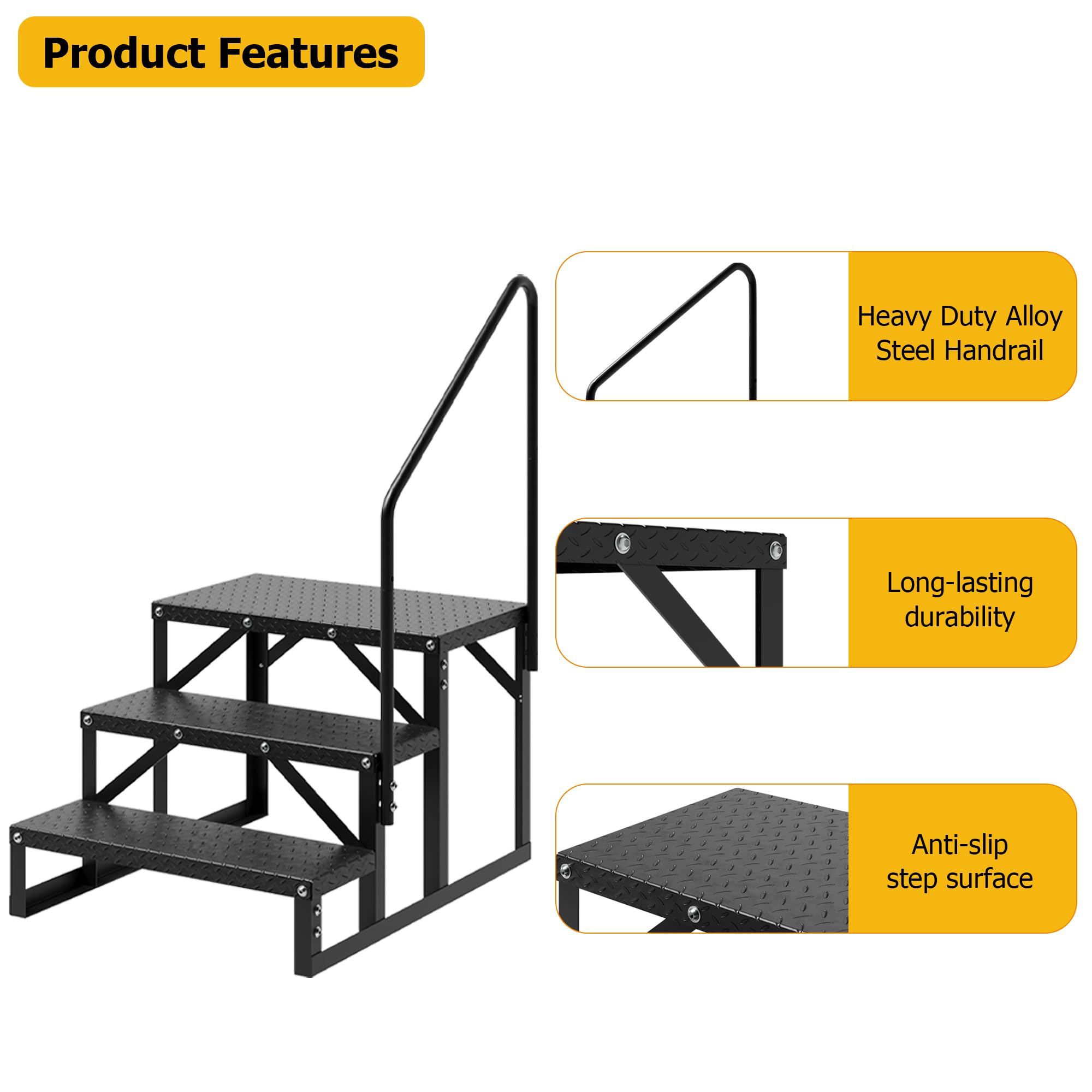 GARVEE 3-Step RV Stairs with Handrail - Anti-Slip Aluminum Steps, 660lb Weight Capacity - Portable Trailer Ladder for Camping, Travel, Hot Tub & Outdoor Adventures - Perfect for RV, Motorhome & Camper Access