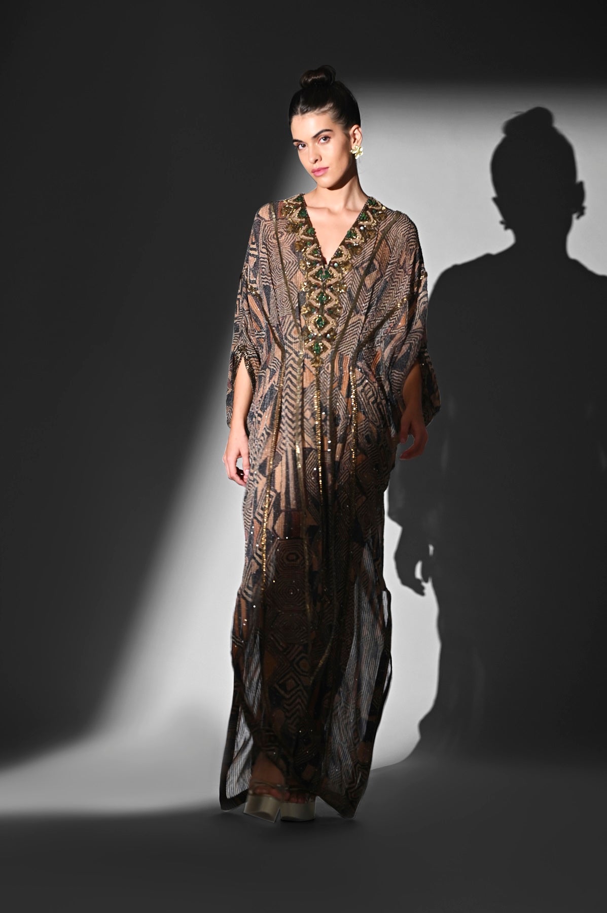 Elegant Brown Geometric Print Kaftan with Exquisite Baroque Hand Embroidery - Perfect for Boho Chic Outfits, Beach Cover-Ups & Summer Fashion