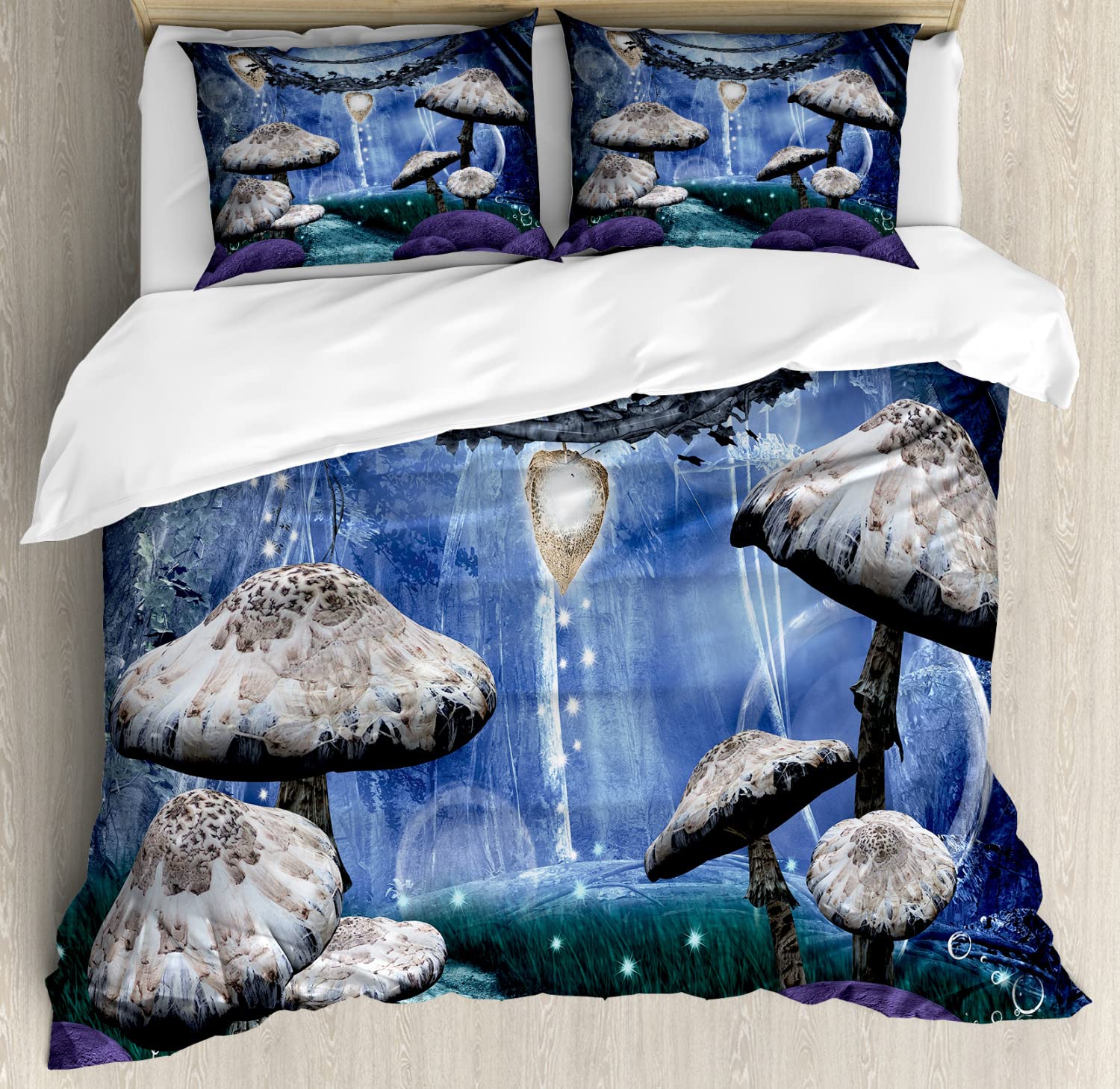 Ambesonne Trippy Duvet Cover Set - King Size 2-Pack with Abstract Dreamlike Forest Night Scenery, Mushrooms, Pixie Dust & Bubbles Design | Includes 2 Duvet Covers & 4 Pillowcases in Blue Violet | Perfect for Psychedelic Bedroom Decor, Fantasy Themed Rooms & Bohemian Style Homes