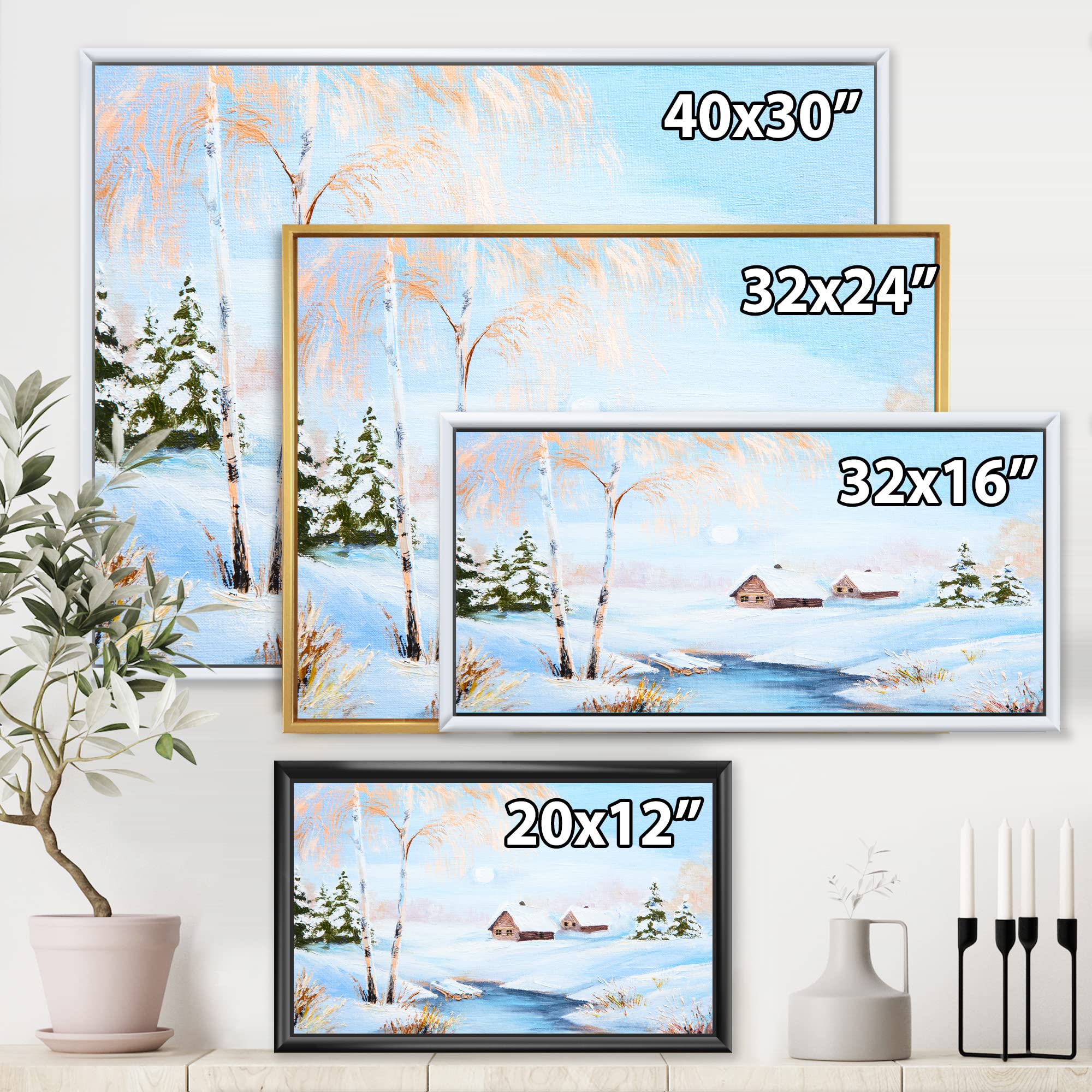 DesignQ Winter Landscape Frozen River In The Forest - Lake House Framed Canvas Wall Art Print | Nature Scene Home Decor for Living Room, Bedroom & Office