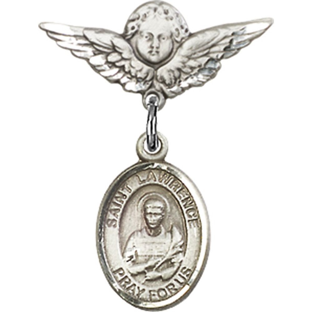 Sterling Silver Baby Badge with St. Lawrence Charm & Angel Wing Pin - 7/8