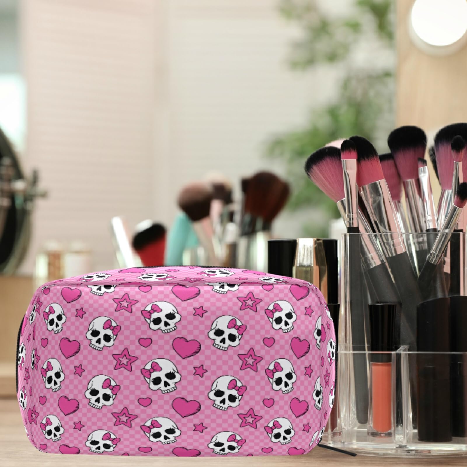 Pink Skull Makeup Bag for Women - Travel Cosmetic Organizer with Compartments | Perfect for Girls' Toiletries & Travel Essentials