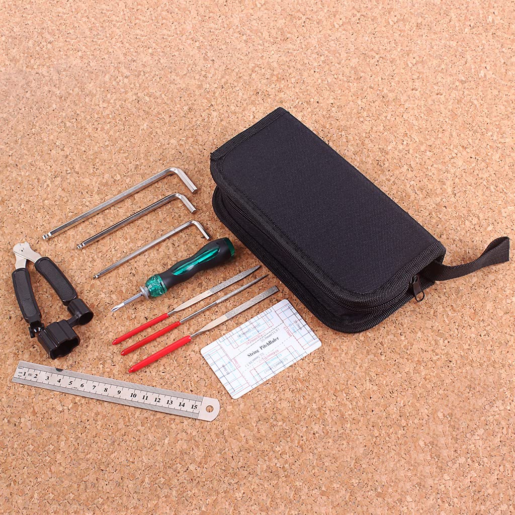 Electric Guitar Repair & Maintenance Tool Kit - String Organizer, Action Ruler, Gauge, Hex Wrench Set & File for Guitar, Ukulele, Bass, Mandolin, Banjo | Professional Instrument Care & Setup Tools for Musicians