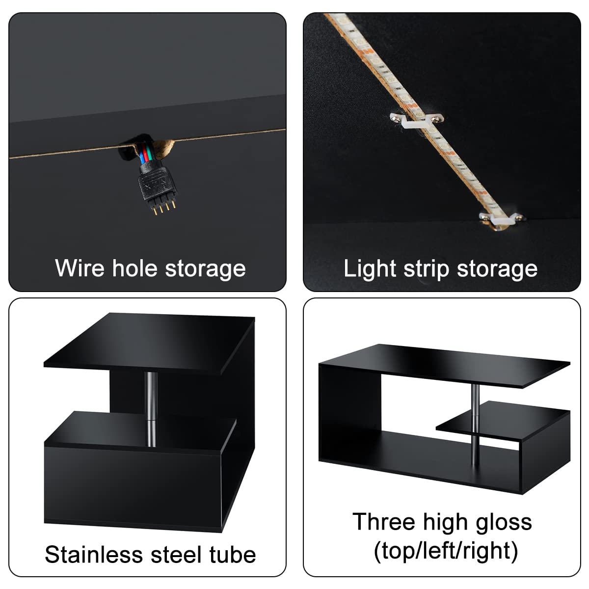 Modern Black LED Coffee Table with 3-Tier S-Shaped Open Storage Shelf - High Gloss Center Sofa Table with Adjustable Lighting - Perfect for Living Room, Home Office & Small Spaces (18