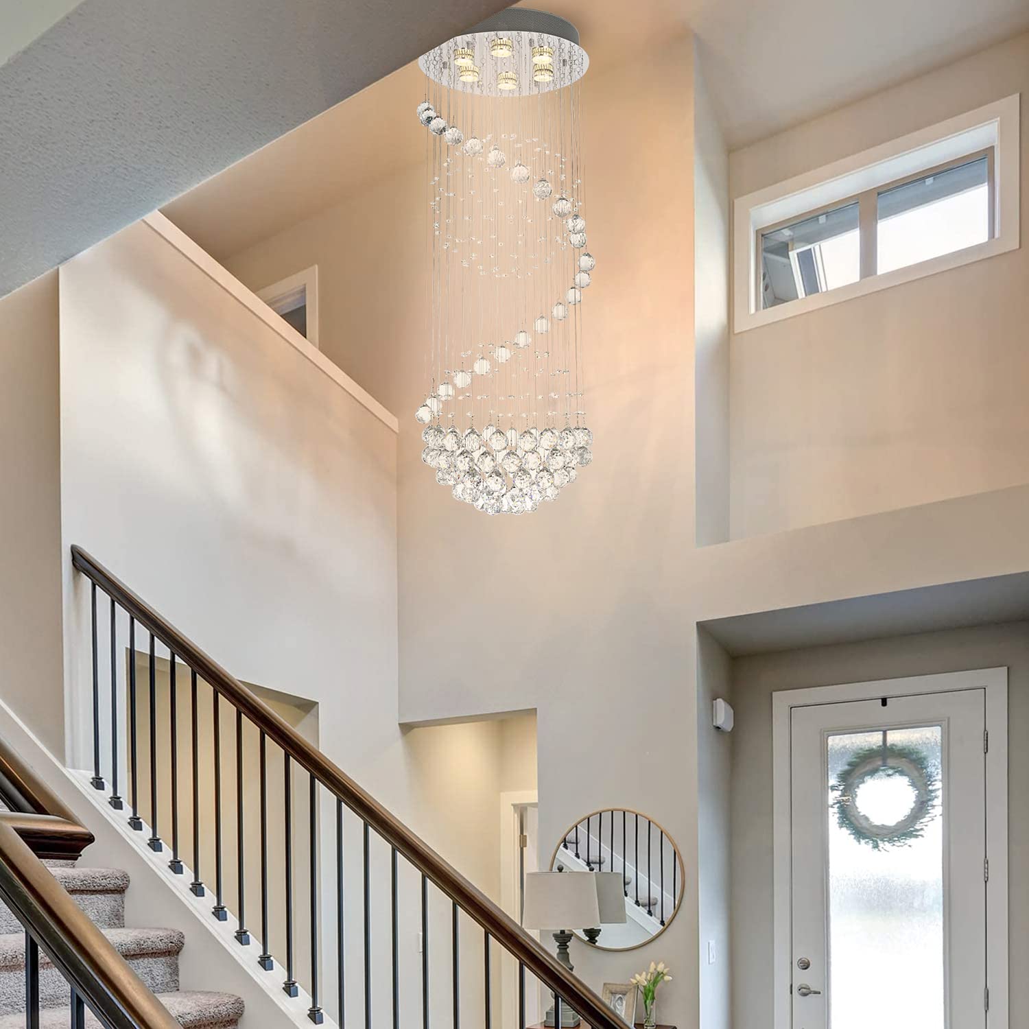 Modern Crystal Chandelier Lighting - Clear K9 Glass Ceiling Light Fixture, Luxurious Spiral Sphere Flush Mount for Living Room, Hallway, Foyer, Entryway & Corridor (15.7