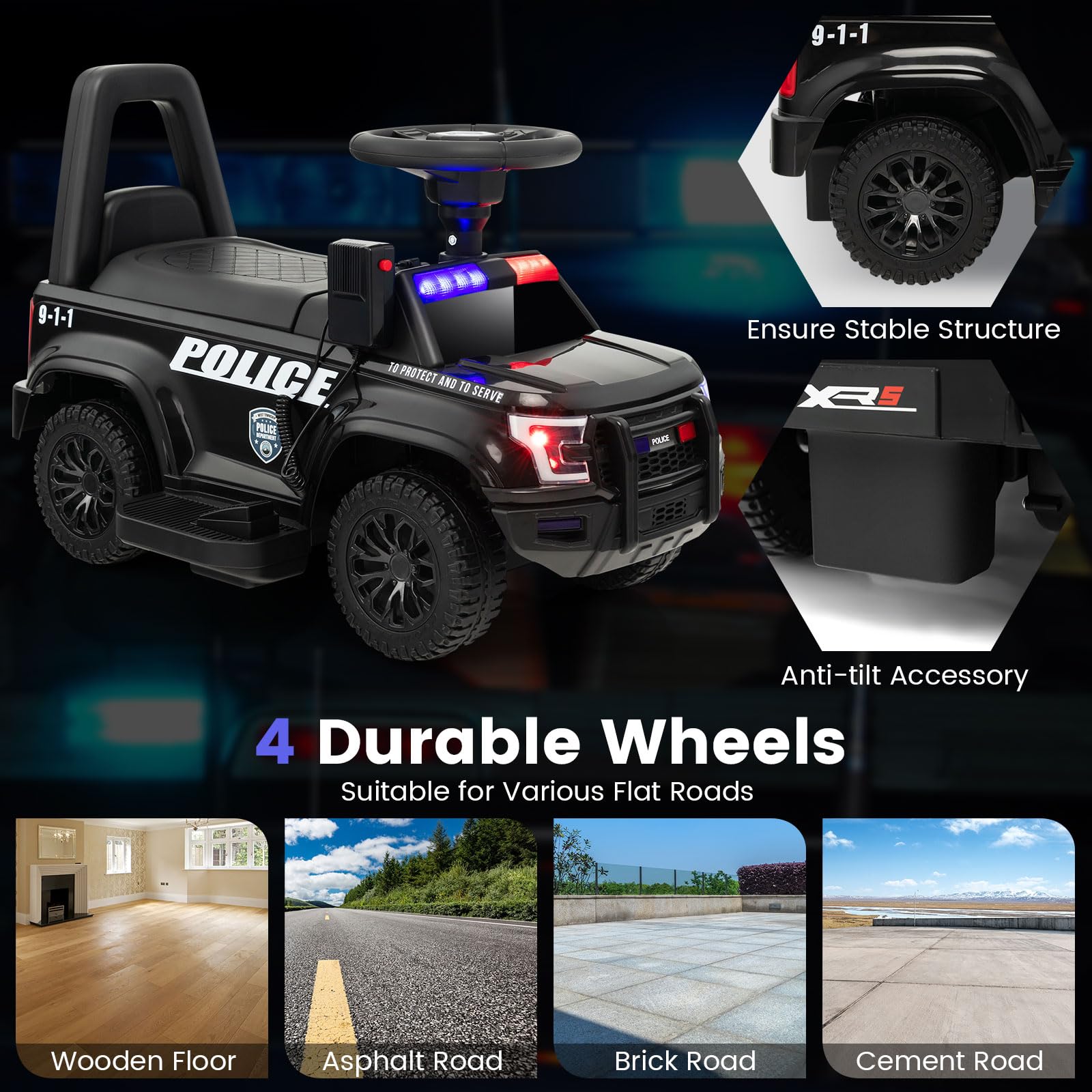 GOLUS 6V Kids Electric Police Car Toy with Megaphone, Siren, LED Lights & Music - Ride-On Toy Vehicle for Boys & Girls Ages 3-6 - Perfect for Outdoor Play, Birthday Gifts & Pretend Police Adventures