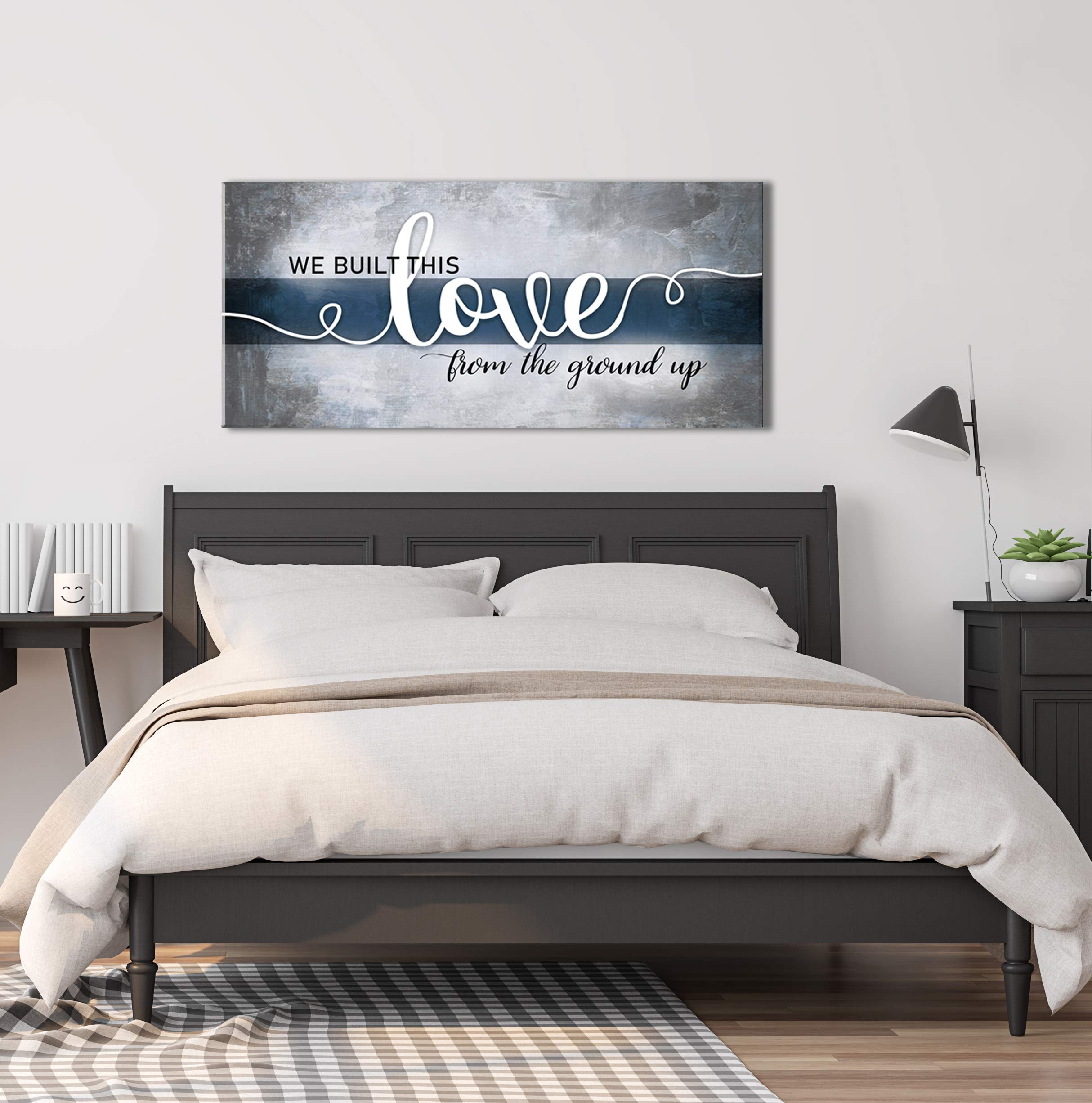 Romantic Love Wall Art Decor for Couples - 'We Built This Love' Canvas Painting (42x19 Inch, Blue) - Perfect for Bedroom, Living Room & Wedding Anniversary Gifts