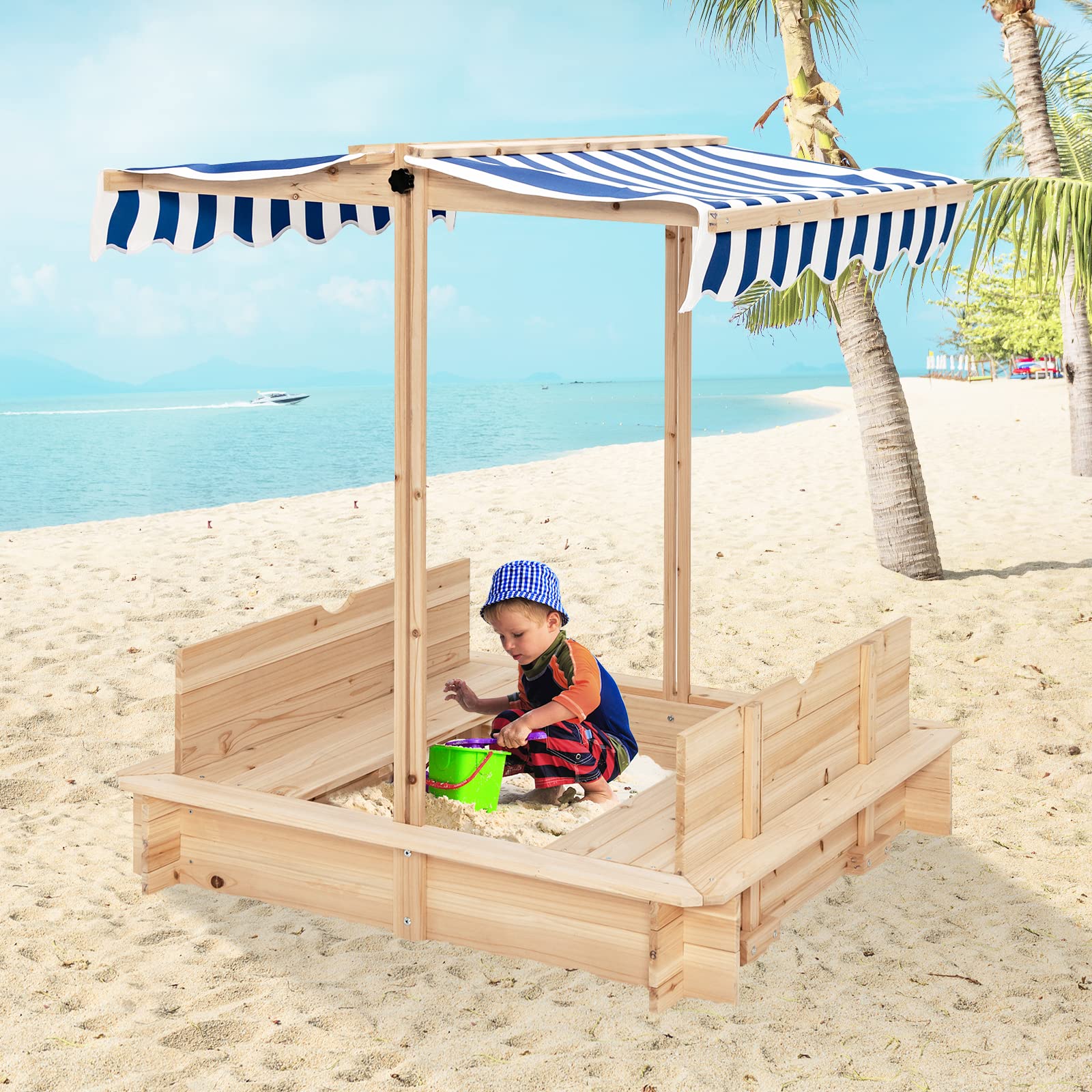 Costzon Kids Wooden Sandbox with Convertible Canopy - Cedar Square Cabana Sandbox with Cover & 2 Bench Seats w/Backrest | Outdoor Playset Sandpit for Toddlers & Children | Perfect for Backyard, Garden, Beach & Outdoor Play Areas