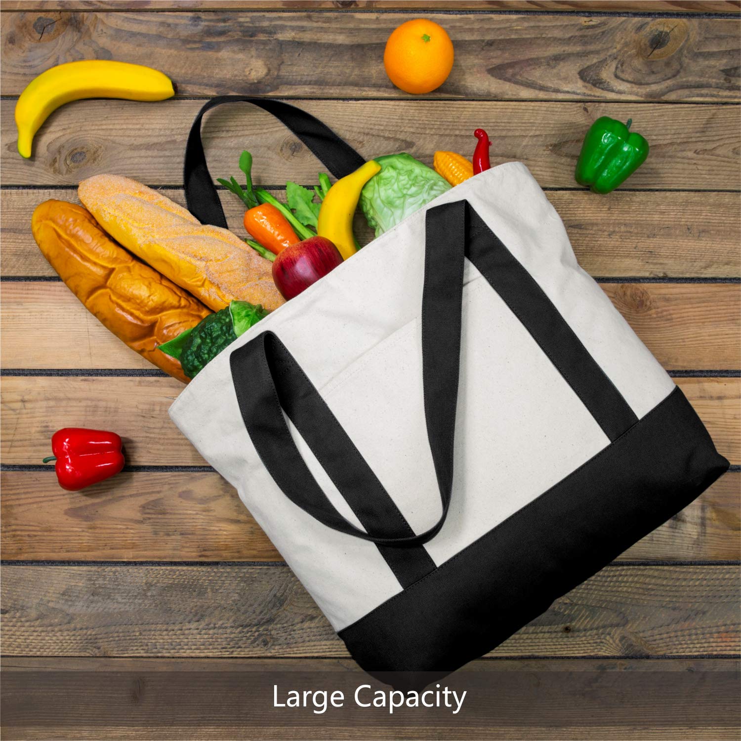 TOPDesign 30-Pack Canvas Tote Bags with External Pocket - Reusable Grocery Shopping Bags with Top Zipper Closure for Daily Essentials (Black/Natural) - Perfect for Grocery Shopping, Beach Trips & Work Commute