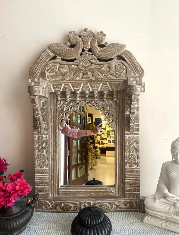 Hand Carved Peacock Design Solid Wood Mirror Frame - Elegant Wall Decor for Living Room, Bedroom & Bathroom