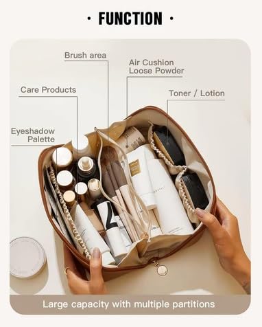 JRM Women’s Large Waterproof Leather Cosmetic Travel Bag - Spacious Makeup Organizer with Wide Opening, Dividers & Handle (Cross Open, Brown) | Perfect for Travel, Gym & Daily Makeup Storage