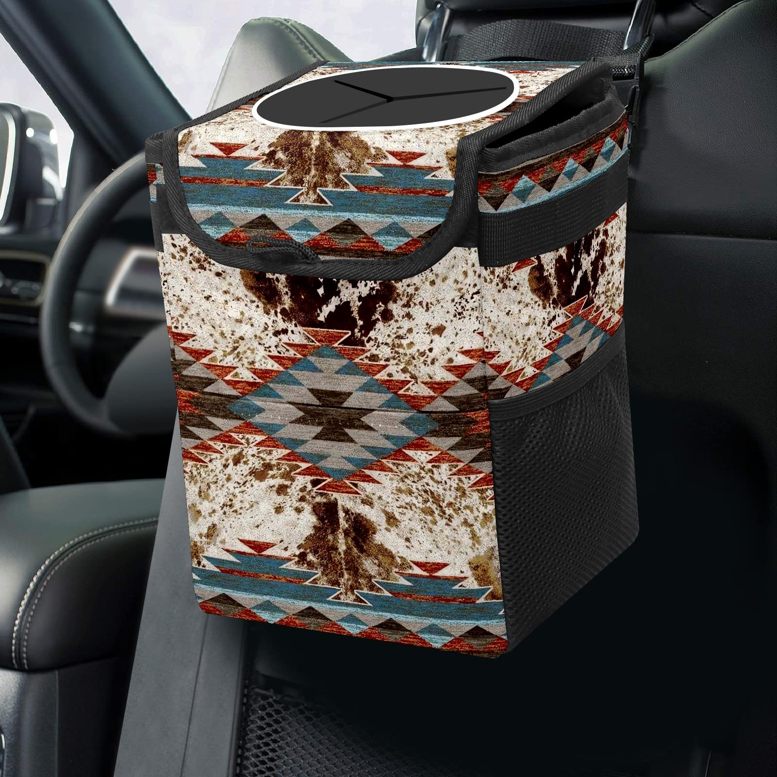 Western Aztec Cow Print Collapsible Car Trash Can with Lid - Reusable Waterproof Auto Garbage Bag for Car, Truck & SUV - Perfect for Road Trips, Commuting & Travel Accessories