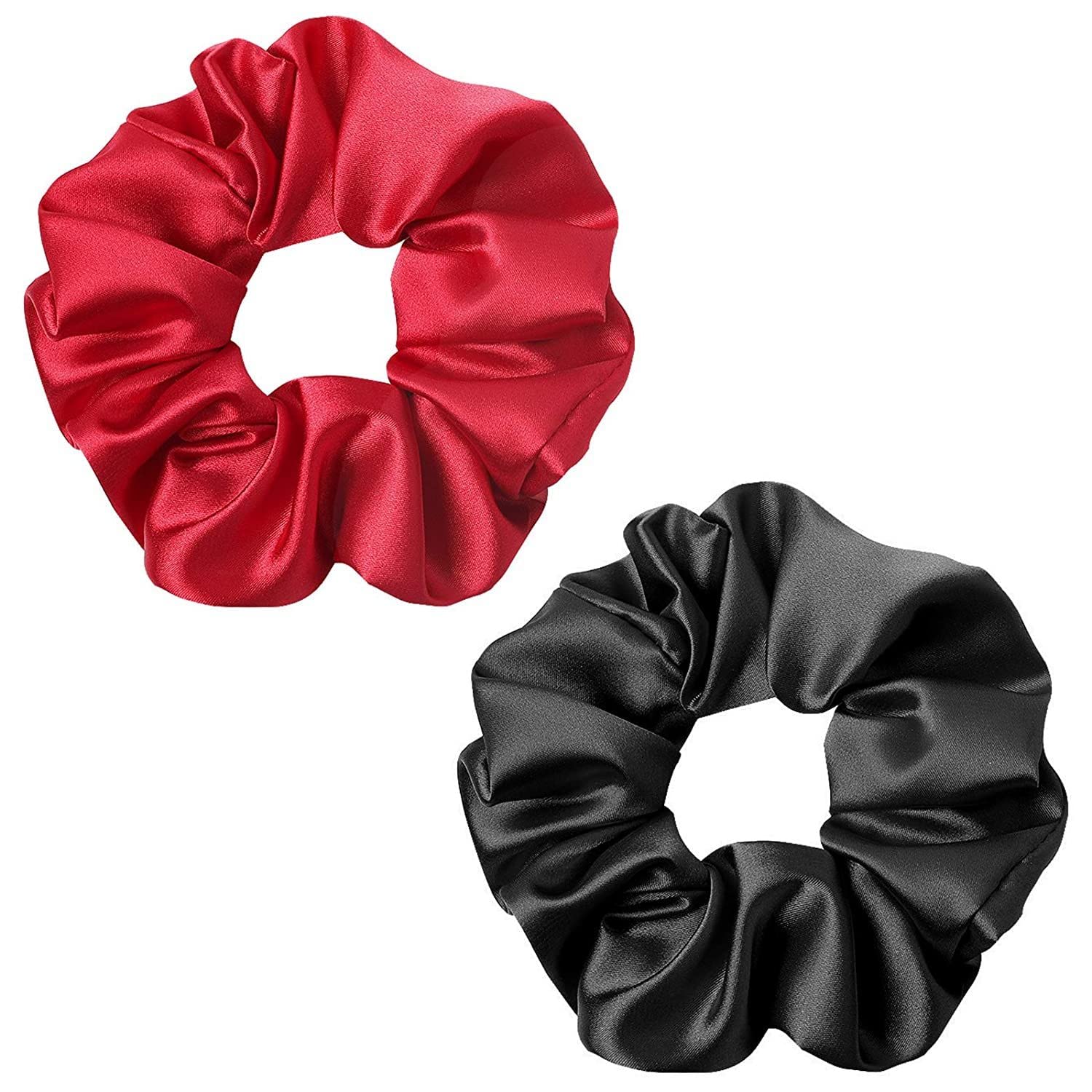 FAMEZA 2 Pack Black & Red Silk Scrunchies for Women - Soft Satin Hair Ties for Thick, Curly Hair - Mulberry Silk Ponytail Holders & Sleep Hair Bands (Perfect for Workouts, Office, and Overnight Hair Protection)