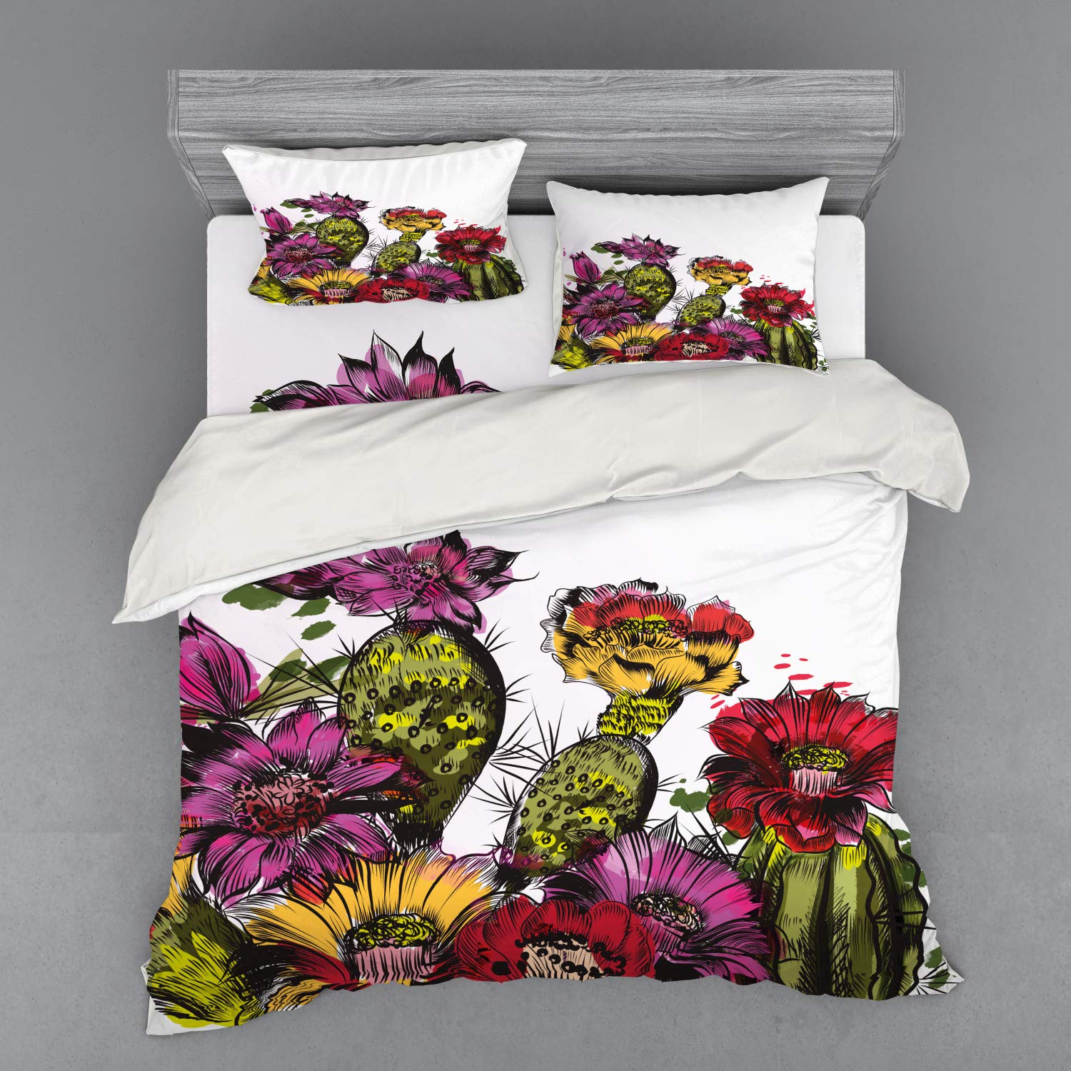 Ambesonne Cactus Duvet Cover Set - Watercolor Painting Style Potted Plants & Cactus Blossoms Gardening Theme 4-Piece Bedding Set with Shams & Fitted Sheet, King Size, Multicolor - Perfect for Boho Bedroom Decor & Plant Lover's Home