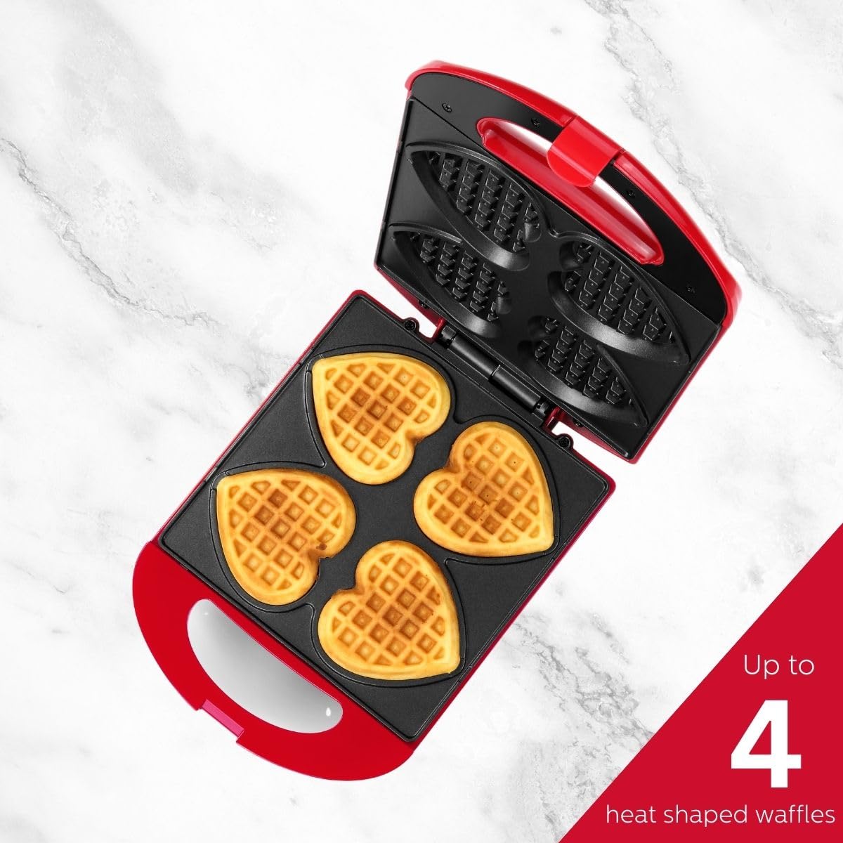 Holstein Housewares Red Non-Stick Heart Waffle Maker - 4 Heart-Shaped Waffles in Minutes - Perfect for Valentine's Day Breakfast, Romantic Dates & Family Brunch