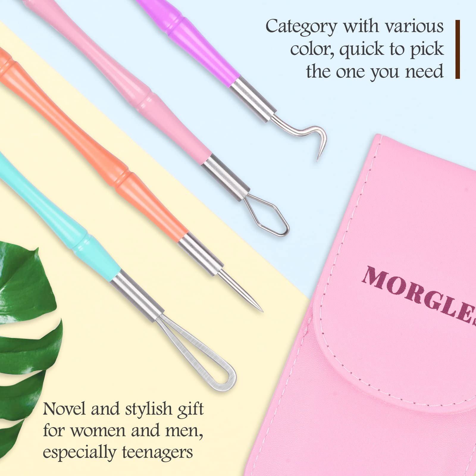 **Professional Stainless Steel Pimple Popper Tool Kit - MORGLES 14-Piece Acne Zit Extractor Set with Leather Case for Facial & Nose Blackhead Removal - Perfect for Home Skincare & Spa Treatments**