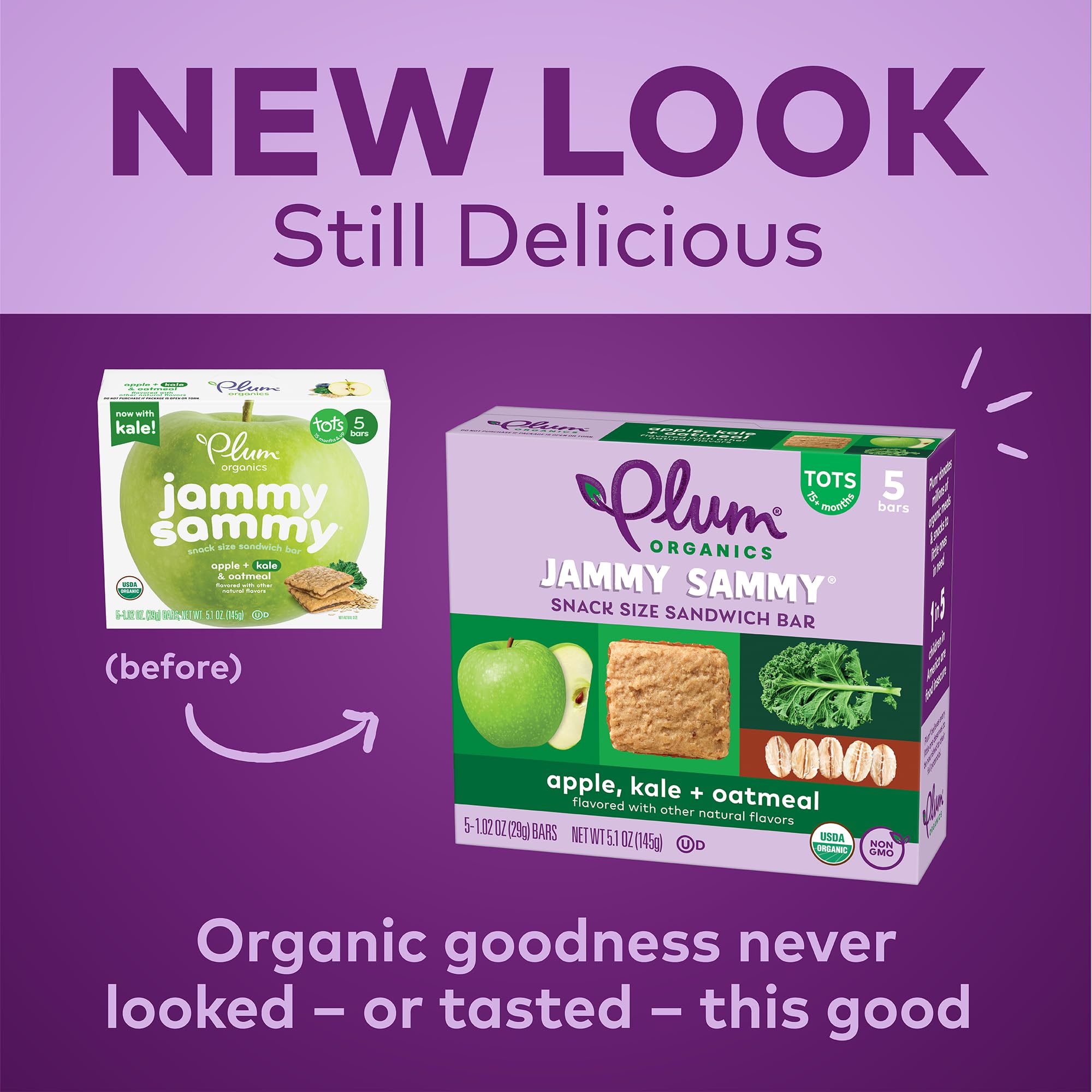 Organic Toddler Snack Bars - Plum Jammy Sammy Apple Kale Oatmeal - Pack of 30 for On-the-Go