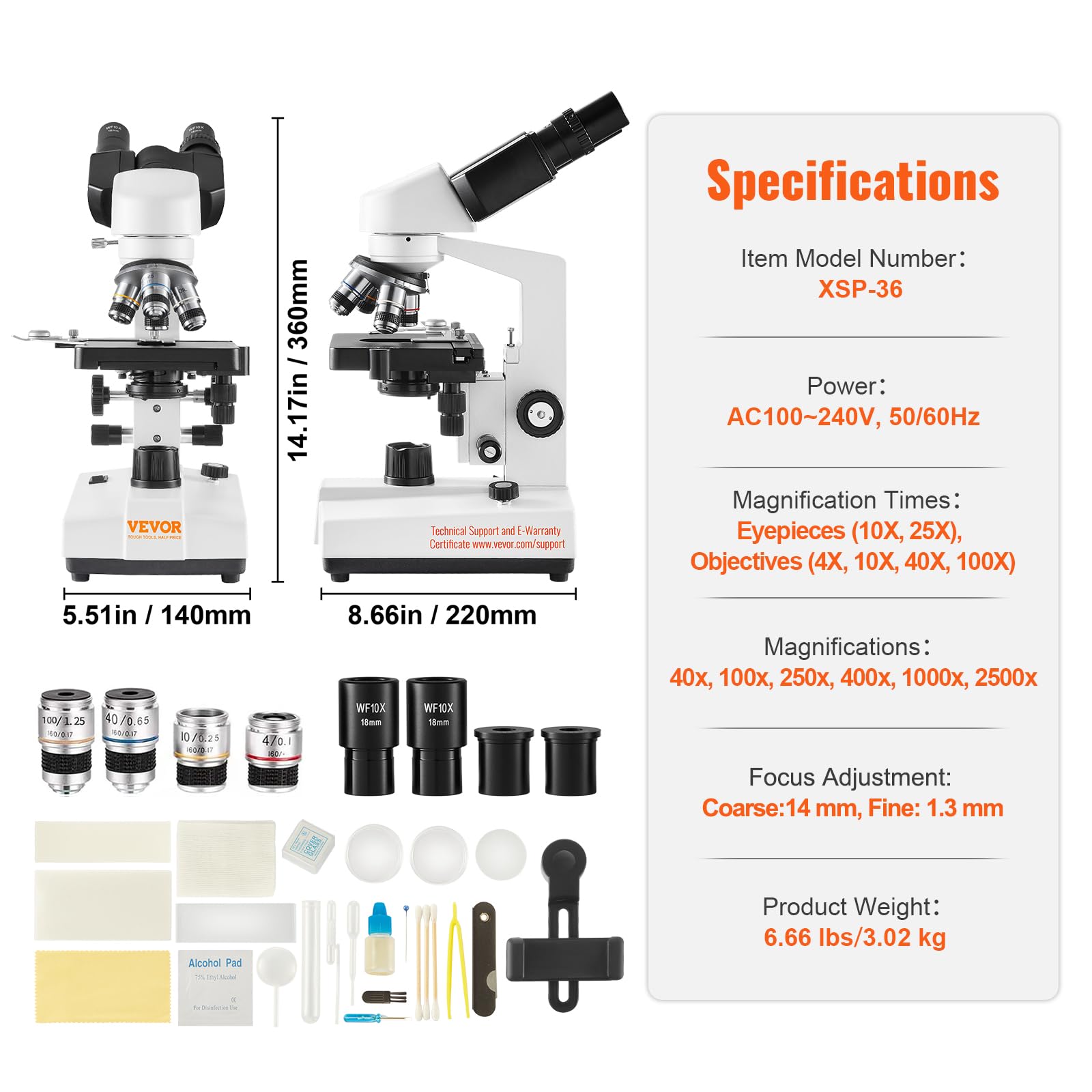VEVOR Binocular Compound Microscope 40X-2500X Magnification, Professional Lab Microscope with LED Illumination & Phone Adapter - Ideal for Students, Adults, Home & Laboratory Use in Biology, Science Education & Research
