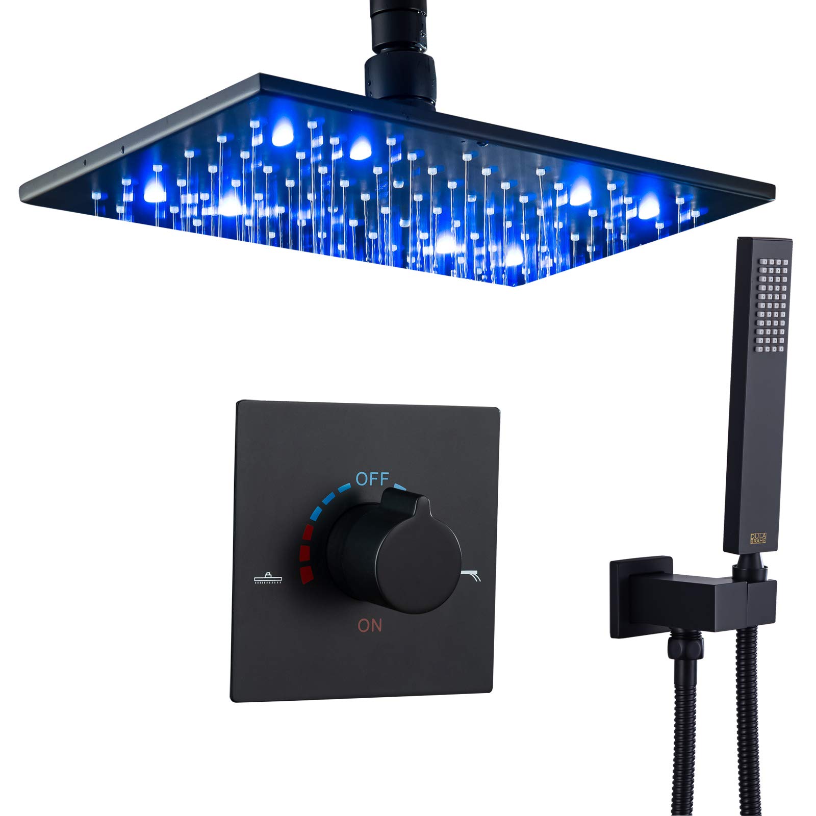 Premium Matte Black Ceiling LED Rain Shower System - 8x12 Inch Concealed Shower Head with Handheld Spray - Solid Brass Single Handle Mixer Faucet Valve Set for Modern Bathroom (Perfect for Spa-Like Showers and Luxury Bathroom Upgrades)