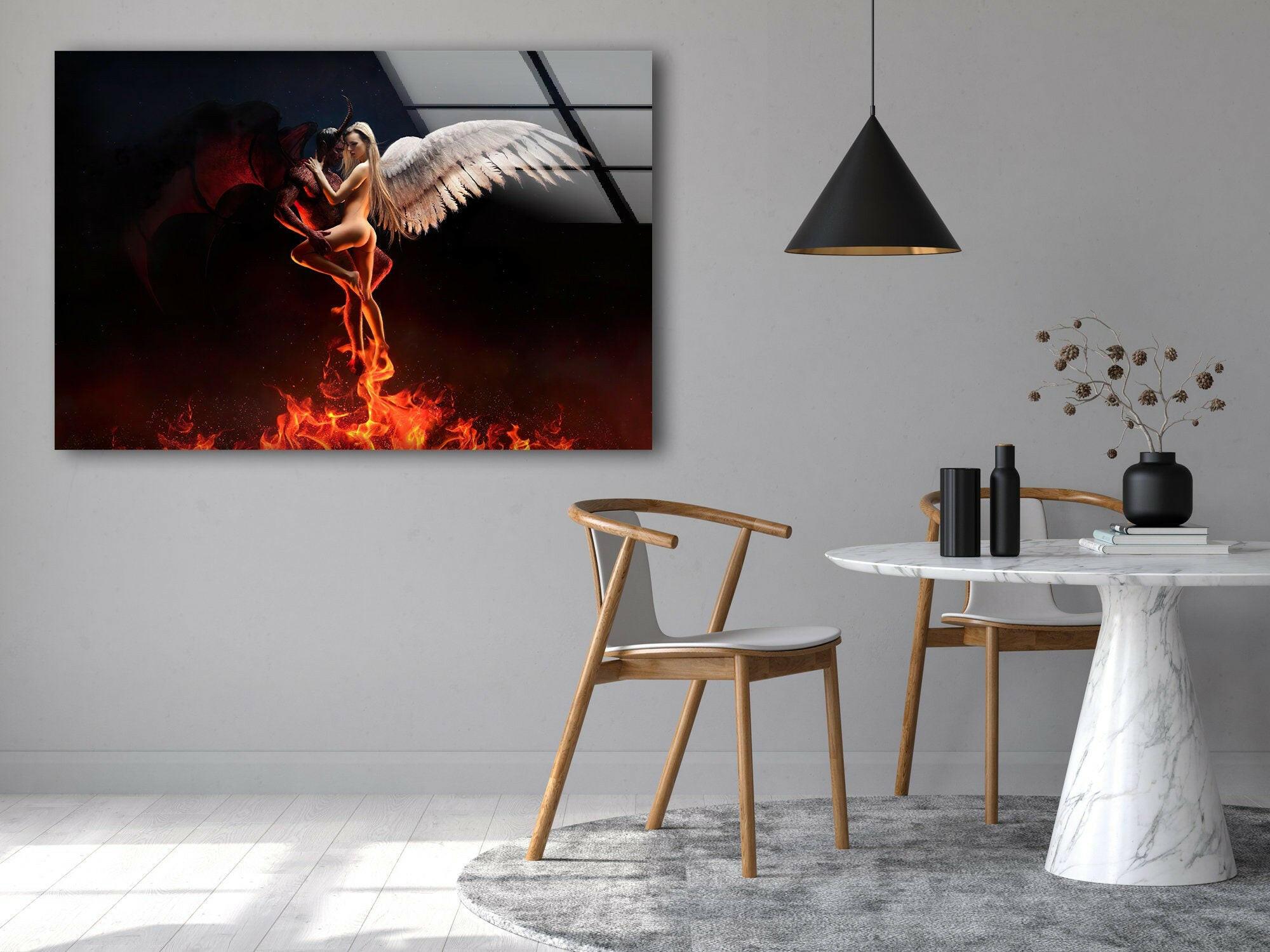 Angel and Devil Stained Glass Wall Art - Elegant Gothic Home Decor for Living Room, Bedroom, or Office