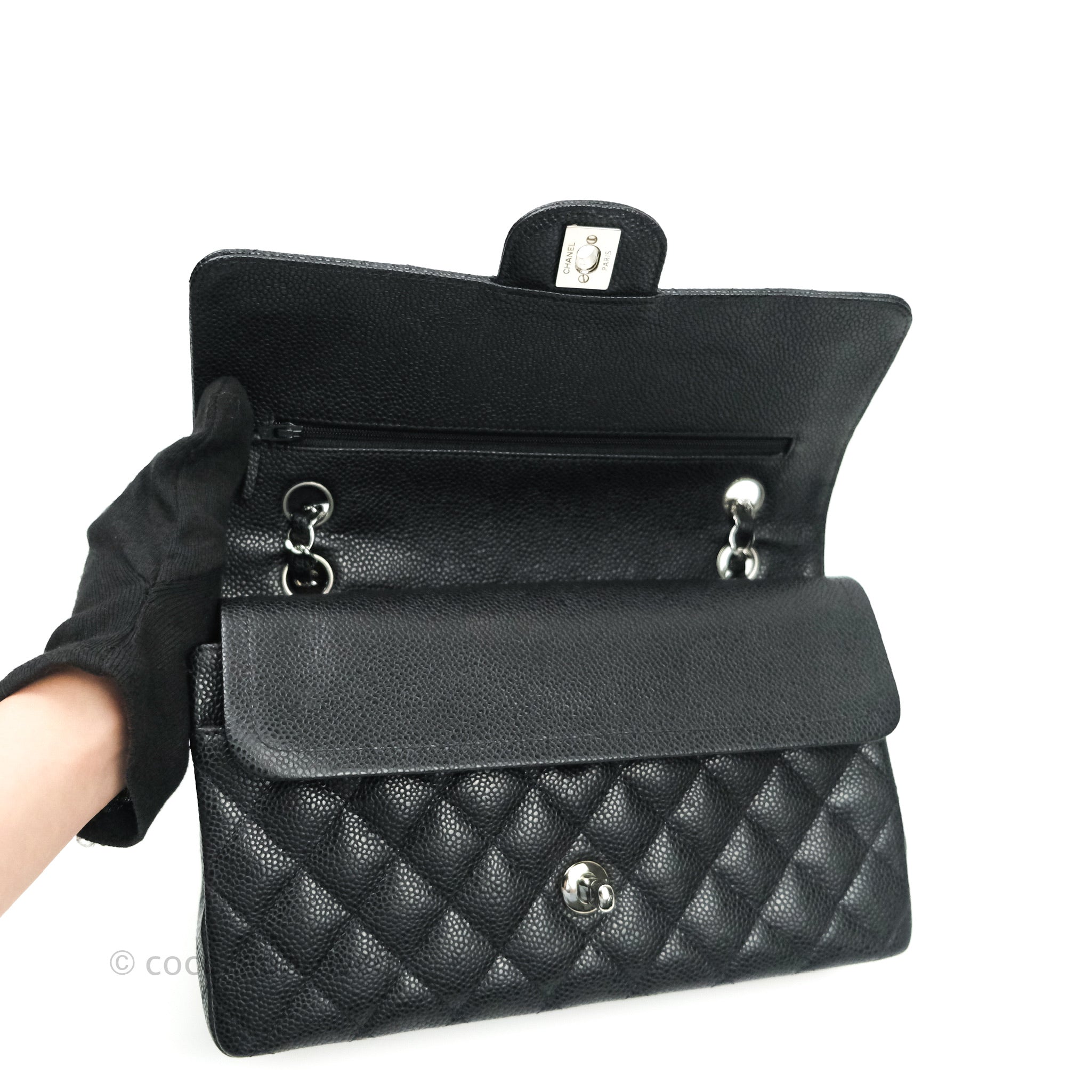 Chanel Classic Medium Double Flap Bag Black Caviar Leather with Silver Hardware - Luxury Shoulder Bag for Women, Perfect for Work, Evening Events & Special Occasions