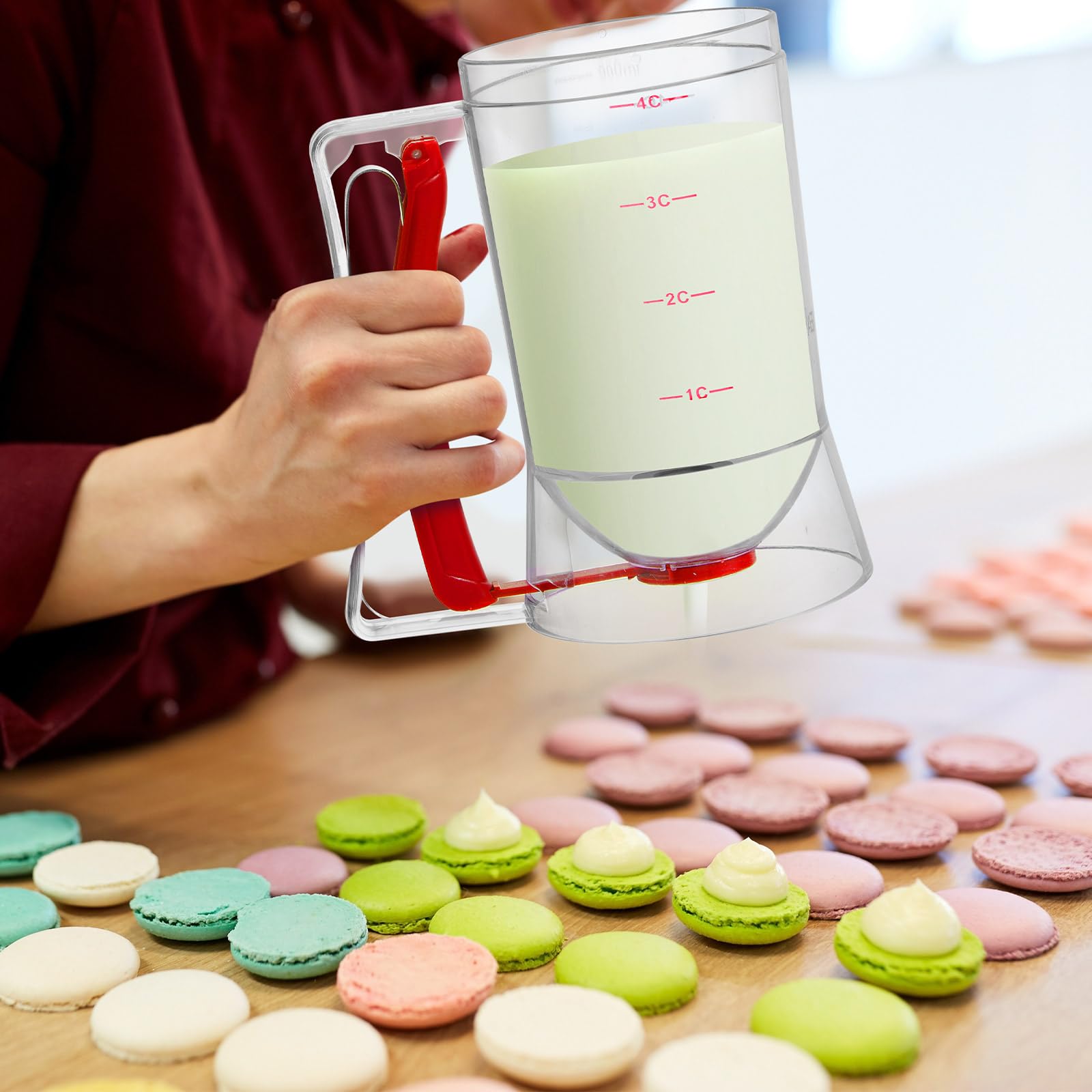 2 Pack Pancake & Cupcake Batter Dispenser with Squeeze Handle - 4 Cup Measuring Griddle Mix Dispenser - Perfect Baking Tool for Cookies, Cakes & Waffles (Red) - Ideal for Breakfast, Brunch & Party Dessert Preparation