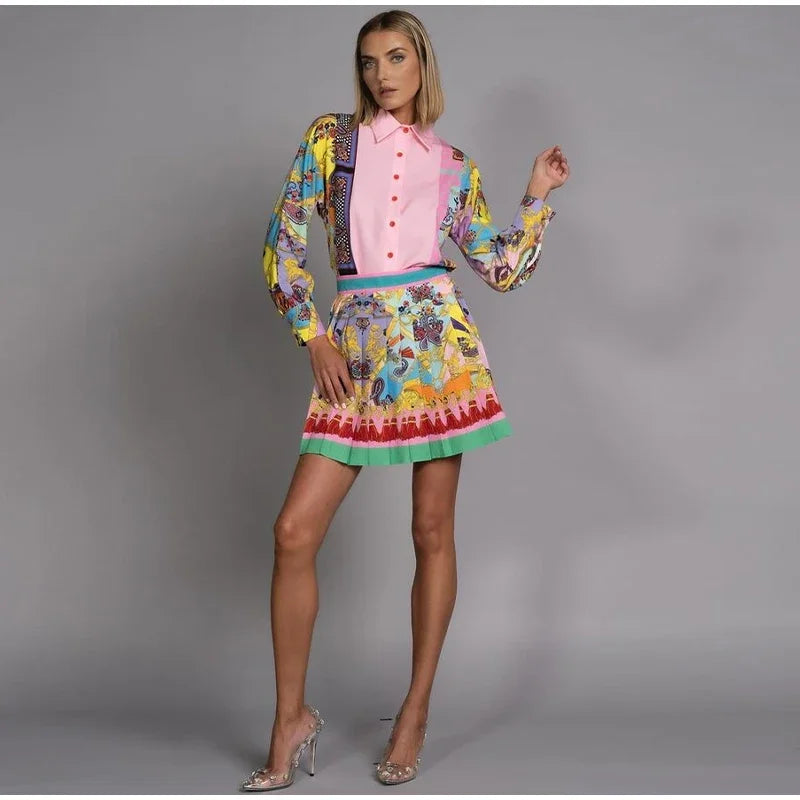 Stylish Women's Pink Lantern Print Short Sleeve Shirt & Pleated Skirt Set - Summer Slim Fit Outfit for Casual Wear, Date Night & Office Fashion