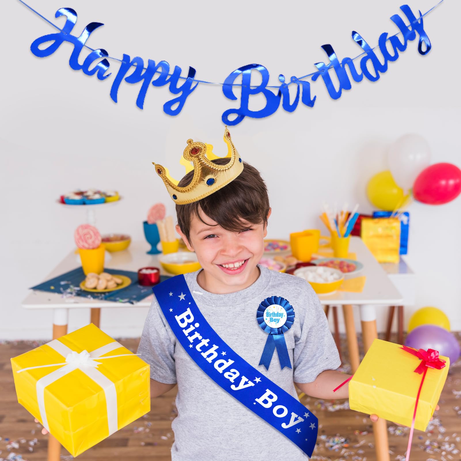 4-Piece Birthday Boy Party Set - King Crown, Sash, Button Pins & Happy Birthday Banner - Boys Birthday Party Decorations & Dress Up Accessories - Perfect for Birthday Celebrations, Themed Parties & Photo Props