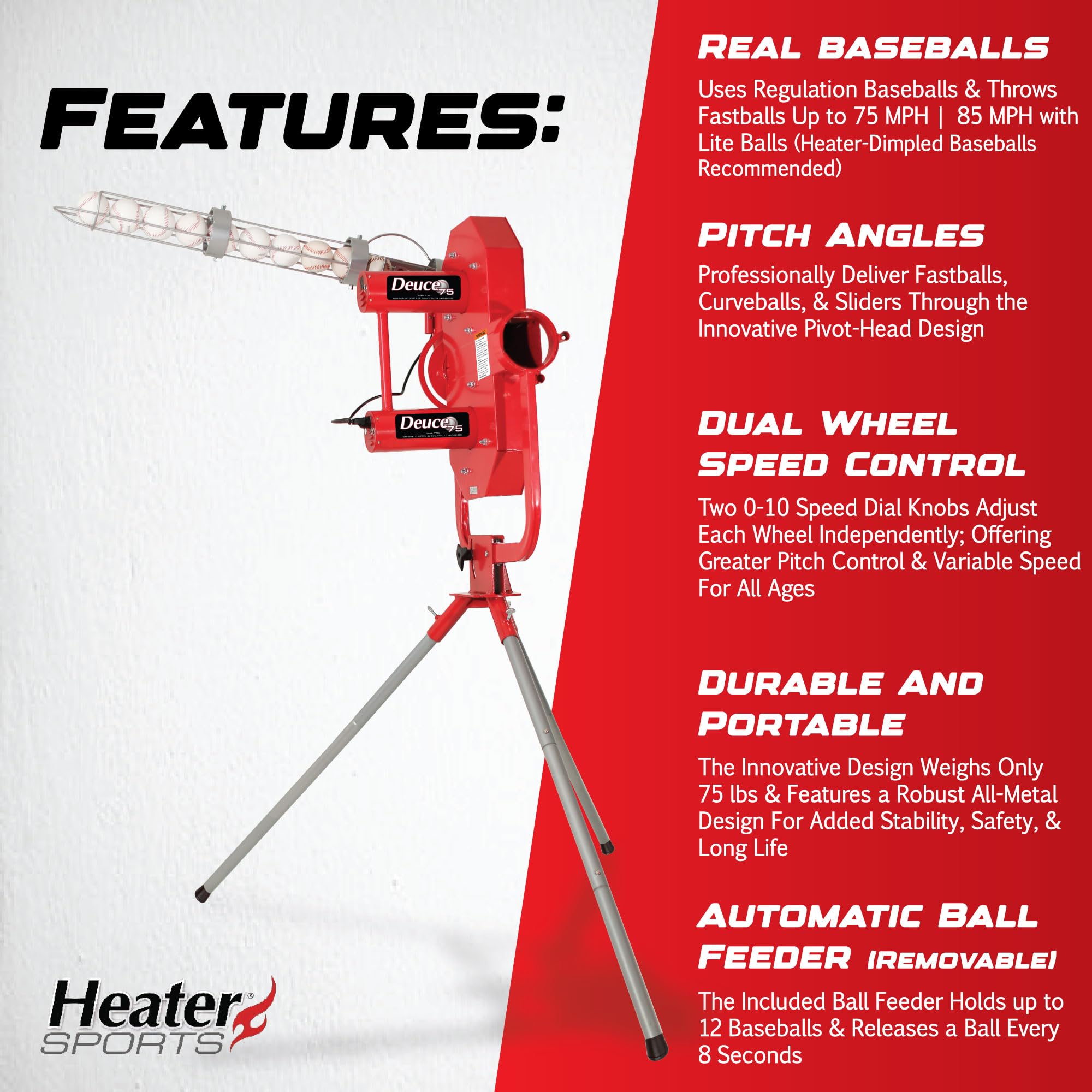 Heater Sports Deuce 75 MPH Adjustable Baseball Pitching Machine with Automatic Ball Feeder - Fastball & Curveball Pitching for All Ages | Training Equipment for Baseball Practice, Batting Cages & Backyard Drills