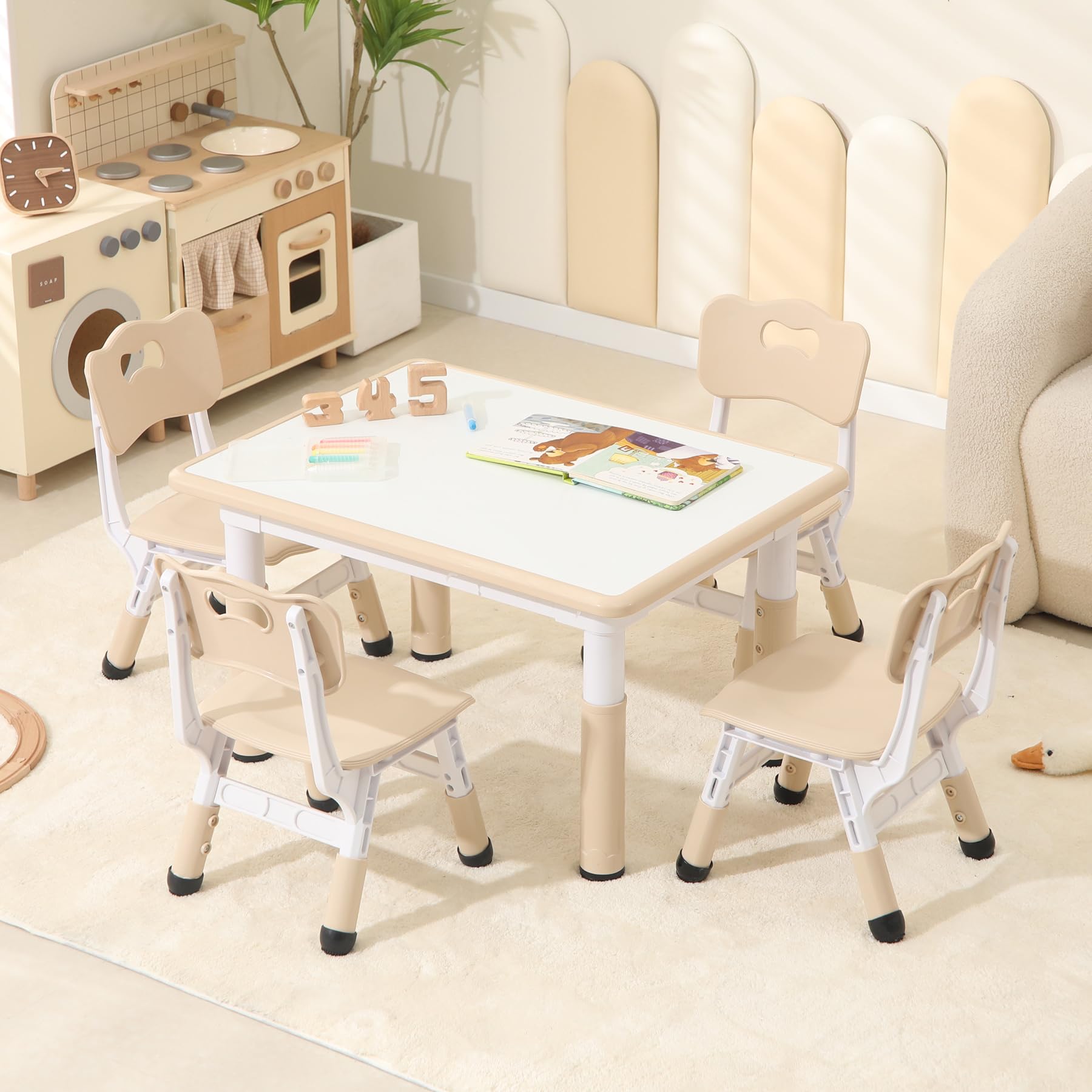 **Height-Adjustable Toddler Table and 4 Chairs Set - Kids Study & Activity Table with Graffiti Desktop for Boys & Girls Ages 3-8 (Max 300lbs) - Perfect for Learning, Drawing & Playtime at Home or Preschool**