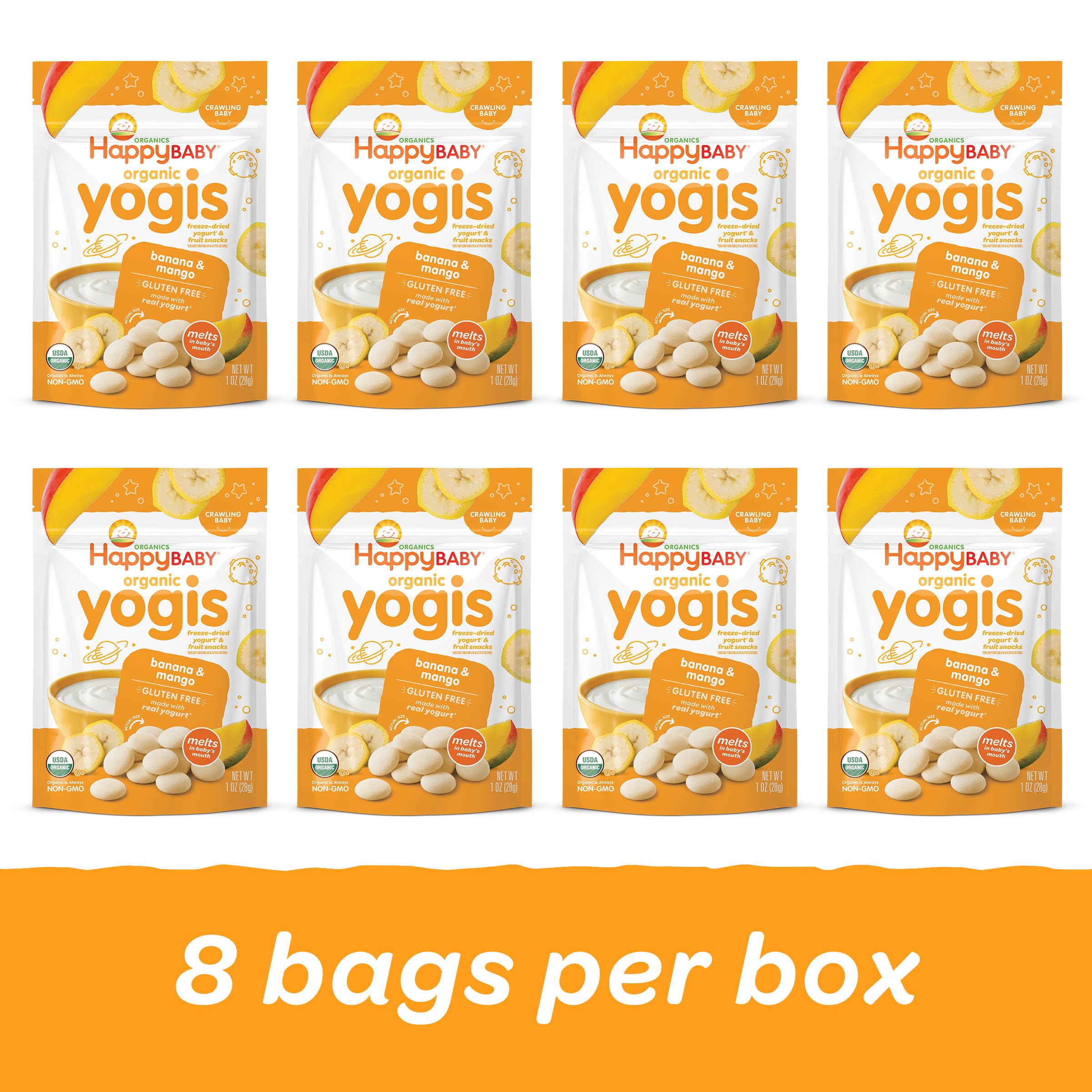 Happy Baby Organics Freeze-Dried Yogurt & Fruit Snacks - Banana Mango Flavor, 1oz Bags (Pack of 8) | Healthy Toddler Snacks for Daycare, Travel & On-the-Go | USDA Organic, No Artificial Flavors