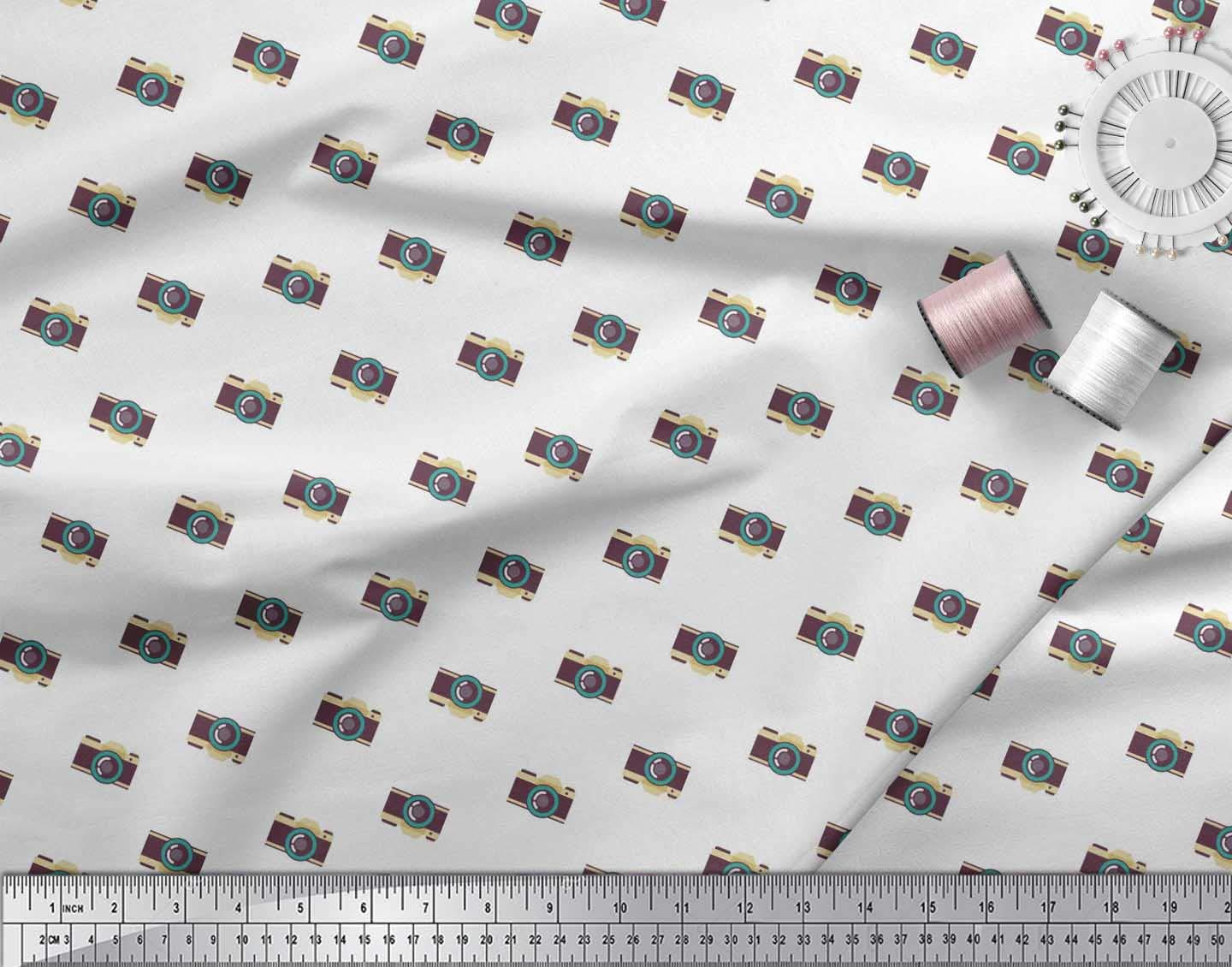 Soimoi Rayon White Fabric by The Yard - 42 Inch Wide Camera Print Shirting for Photography Enthusiasts - Travel-Themed Printed Fabric for DIY Shirts, Dresses & Camera Accessories - Perfect for Photographers & Travel Lovers