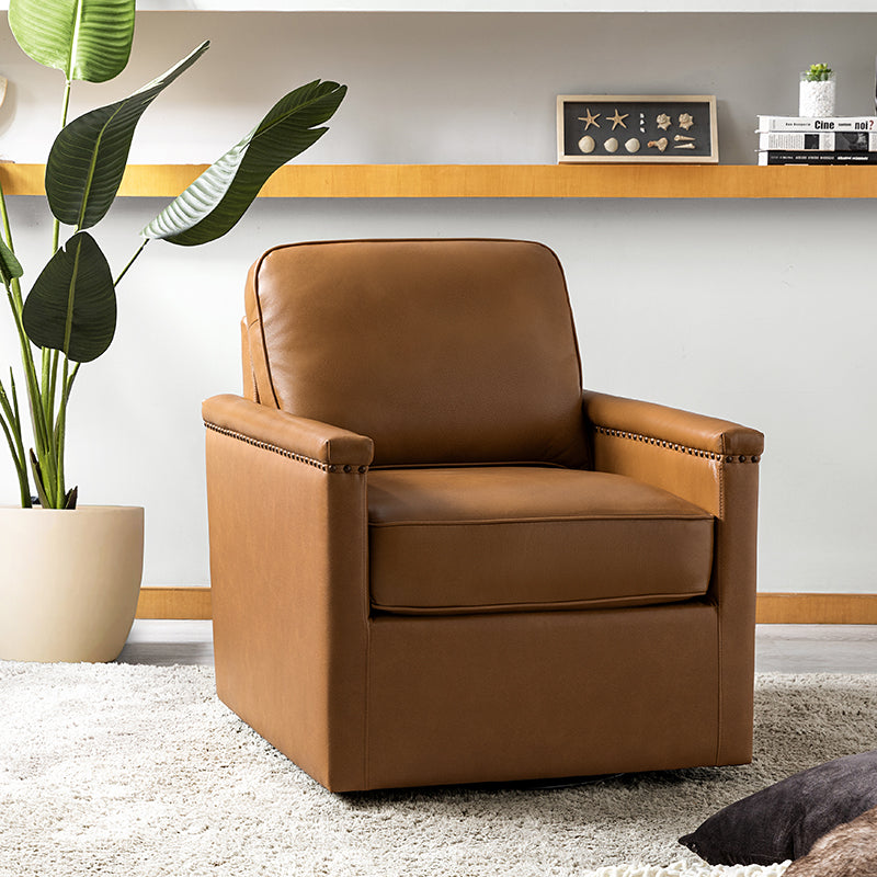 Genuine Leather Swivel Chair with Nailhead Trim - Irene Modern Armchair for Home Office, Living Room & Study - Comfortable Executive Desk Chair for Work & Relaxation