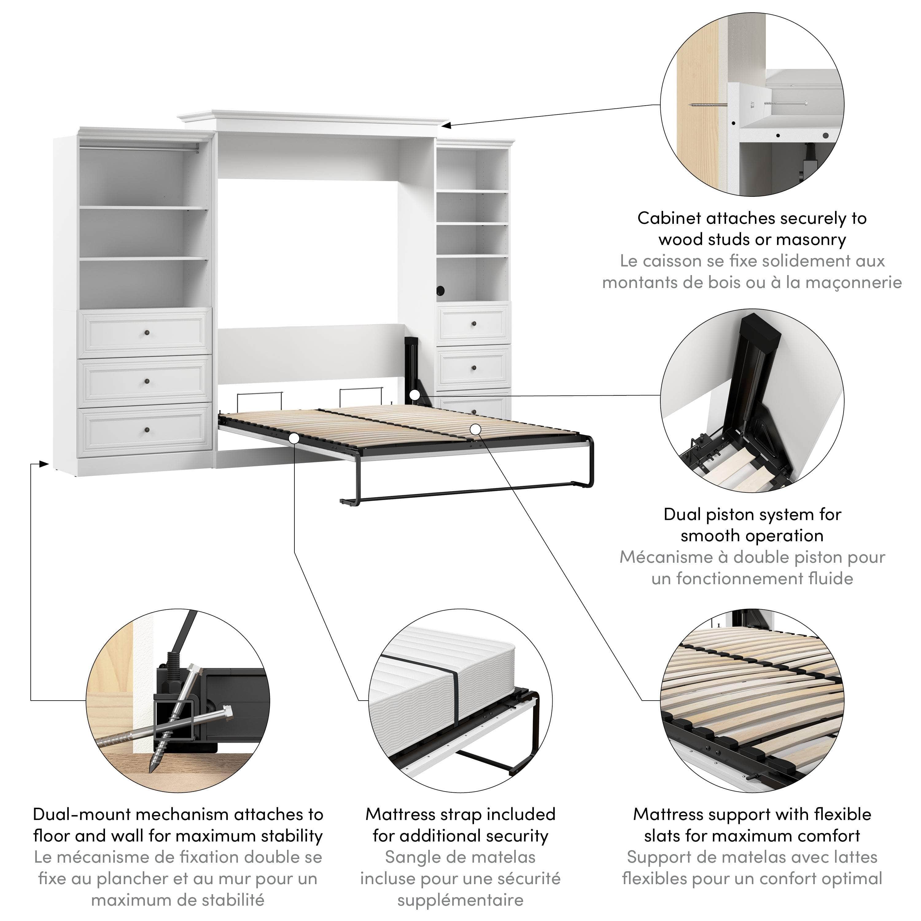 White Queen Murphy Wall Bed with Closet Organizers & Drawers - Space Saving Foldable Bed for Small Apartments, Guest Rooms & Home Offices