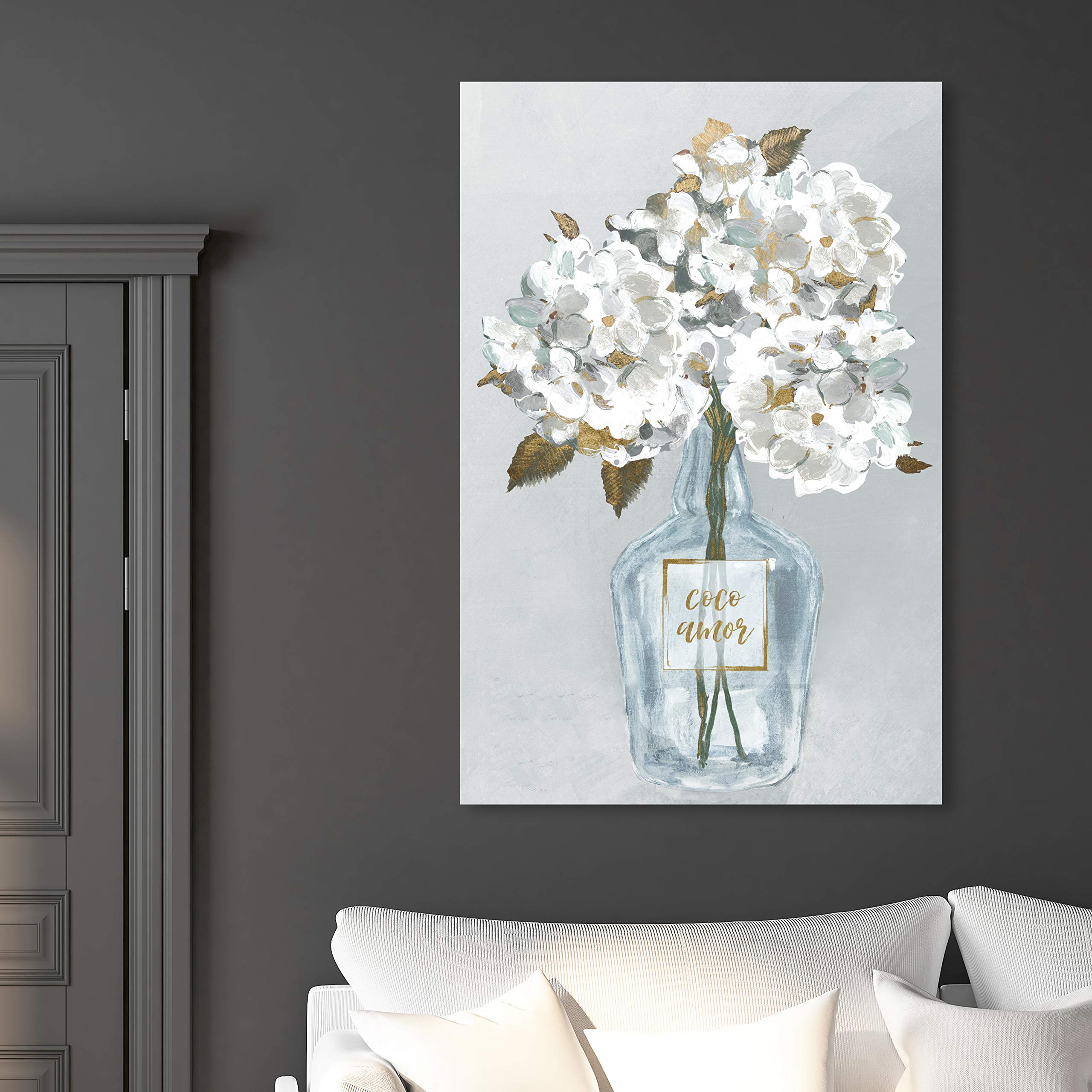 Oliver Gal Artist Co. Floral Wall Art Canvas Print 'Coco Amor Bouquet' - 30x45 Inch White & Gold Framed Home Decor - Perfect for Living Room, Bedroom & Office Wall Decoration