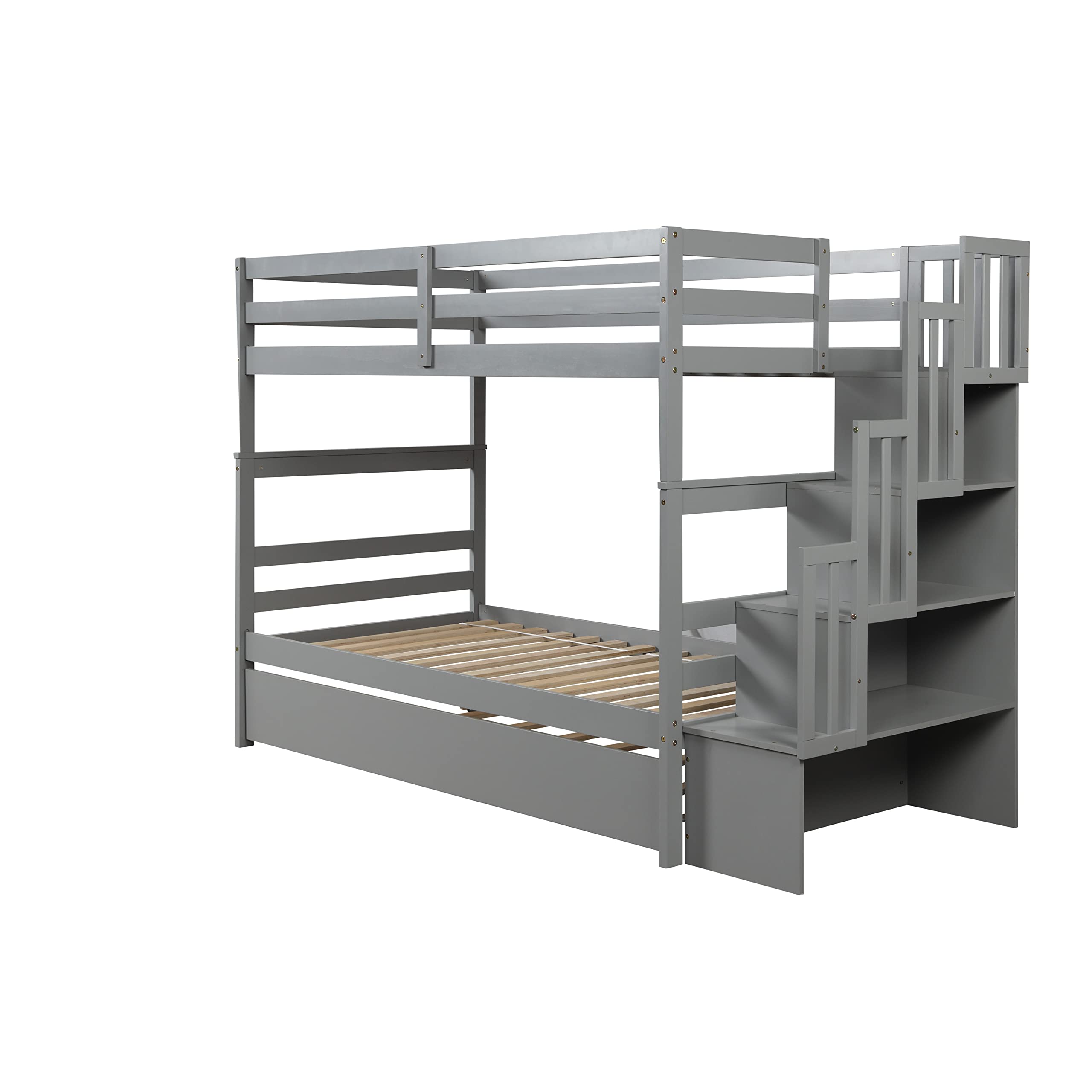 Harper & Bright Designs Twin Over Twin Bunk Bed with Trundle & Storage Shelf - Solid Wood Staircase Bunk Bed for Kids, Teens & Adults - Space-Saving Grey Bunk Bed for Small Rooms, Guest Rooms & Vacation Homes - No Box Spring Needed