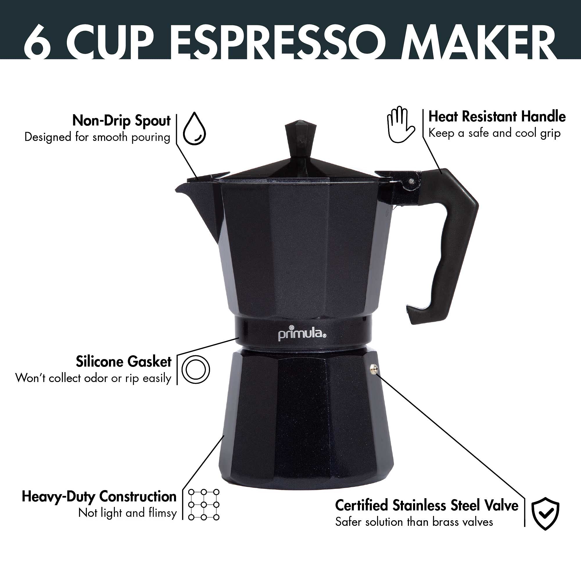Primaria Classic Stovetop Espresso Maker - 6 Cup Italian Moka Pot for Authentic Espresso & Cuban Coffee - Durable Aluminum Coffee Maker for Gas/Electric Stoves - Perfect for Home Brewing & Camping Trips