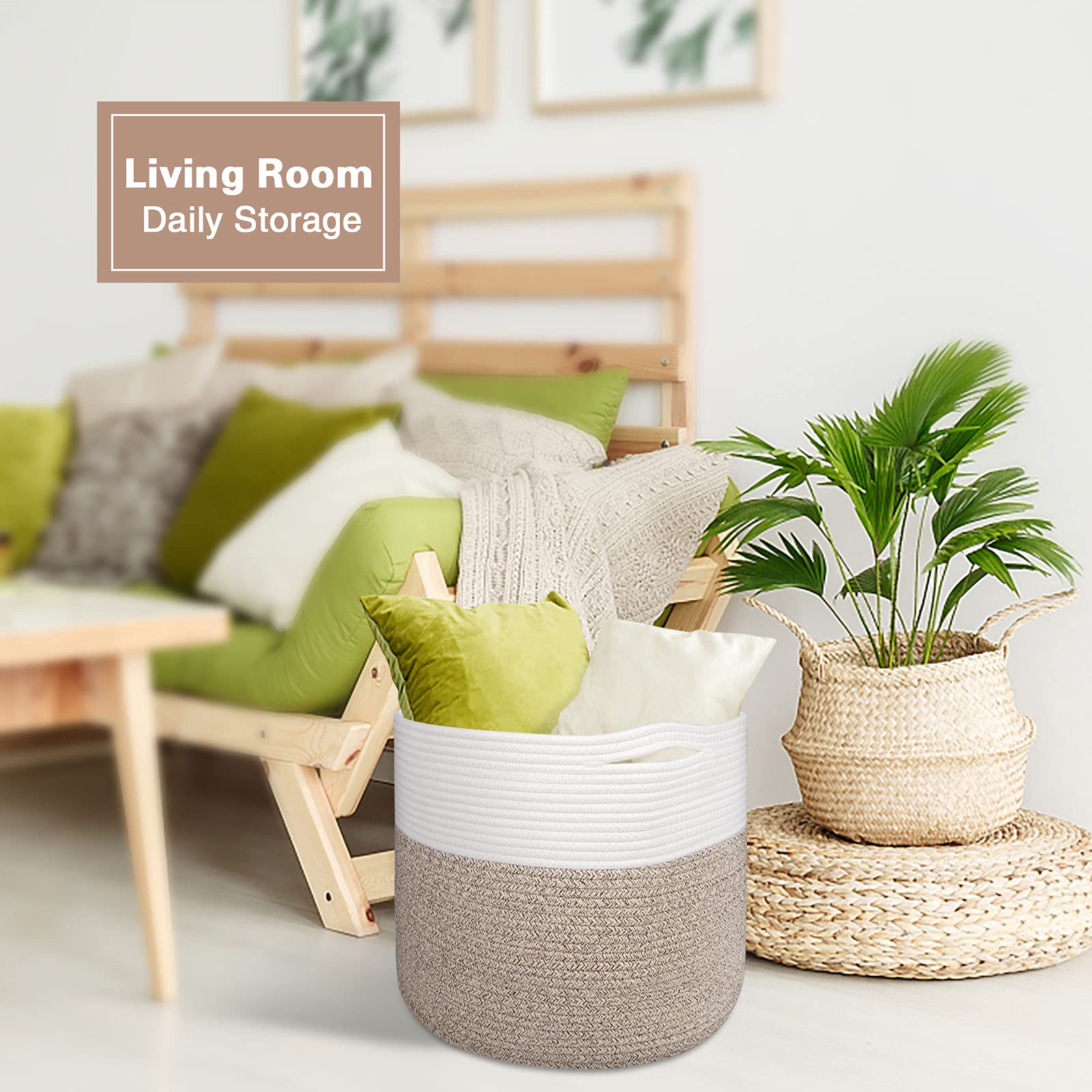 MicroIdeas 2-Pack Large Woven Storage Baskets 15.8x13.8 Inch - Cotton Rope Round Wicker Bins for Blankets, Toys, Laundry & Home Decor | Perfect for Nursery, Living Room & Bedroom Organization (White & Brown)