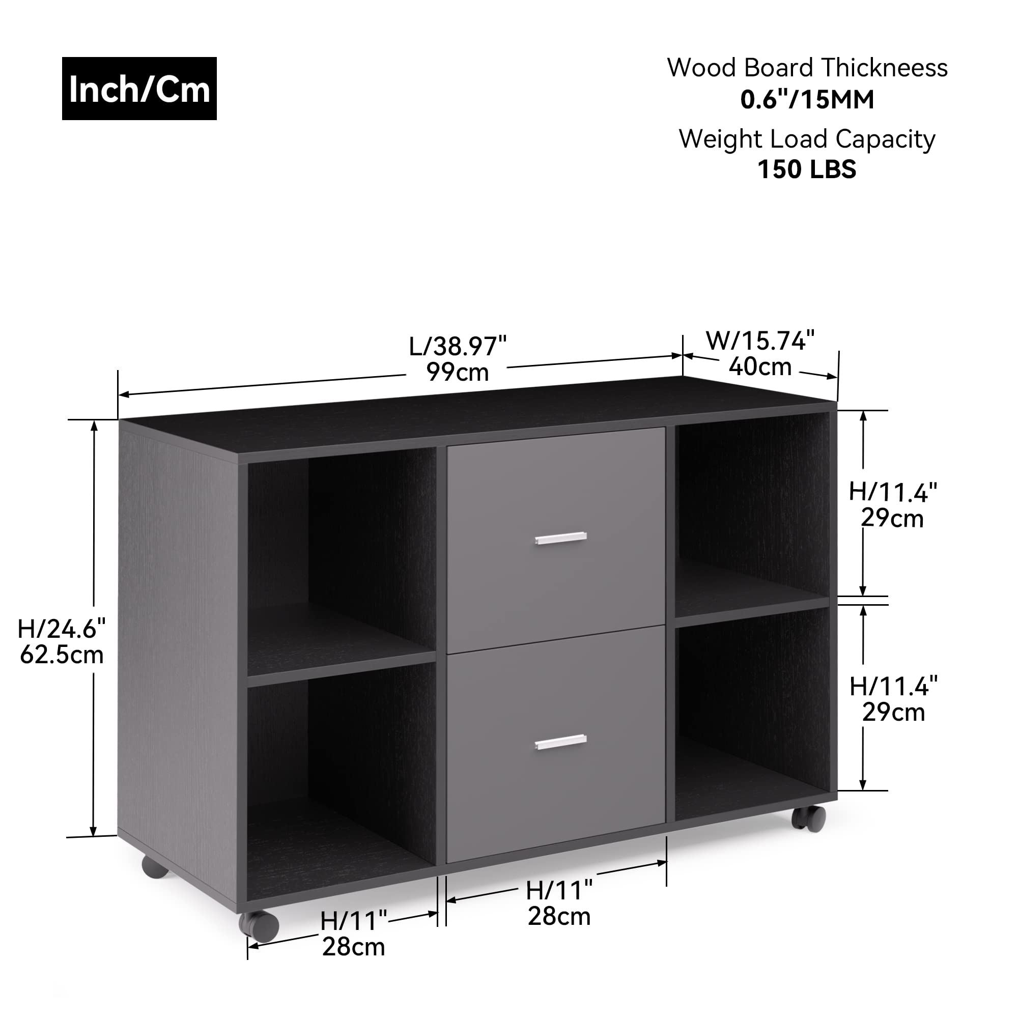 DEINPPA Wooden Horizontal Filing Cabinet with 4 Open Storage Shelves - Home Office Lateral File Cabinet with Lock & Printer Stand (Black-Dark Gray) - Perfect for Organizing Documents, Office Supplies & Printers in Small Spaces