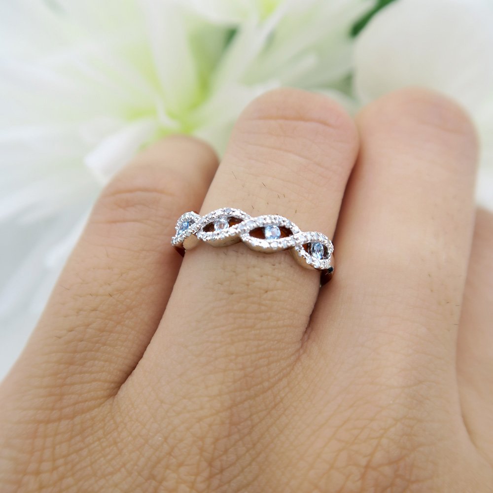 10K Solid Gold Round Aquamarine & White Diamond Stackable Wedding Band Ring for Women - Anniversary, Bridal, Engagement Jewelry Gift - Perfect for Stacking, Everyday Wear & Special Occasions