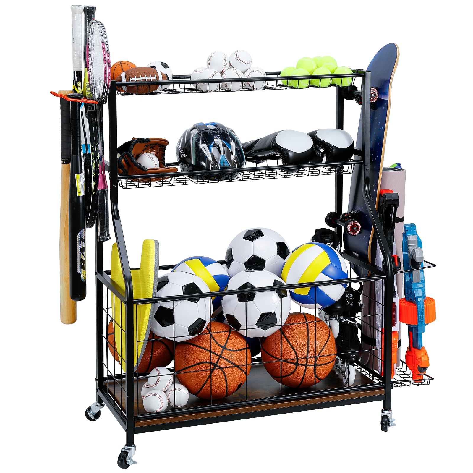 Sports Equipment Organizer - Wood & Metal Rolling Ball Storage Rack with Wheels for Garage, Indoor & Outdoor Use - Perfect for Basketball, Soccer, Tennis Ball Organization - Retro Style Toy Storage Cart (WEY036)