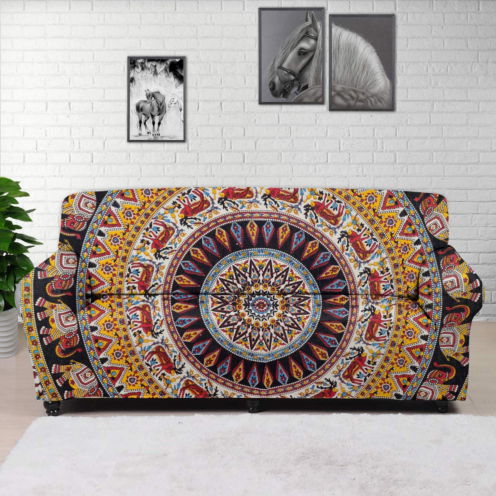 JEOCODY Indian Mandala Print Stretch Sofa Cover - Elastic Universal Slipcover for Armchair, Loveseat, Couch & Large Sofa - Furniture Protector for Living Room, Bedroom & Office Decor