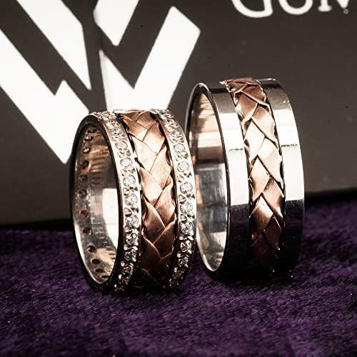 Rose Gold & Silver Matching Wedding Ring Sets for Couples - Personalized His & Hers Wedding Bands - Engraved Knitting Design - Perfect for Anniversaries, Engagements & Romantic Gifts