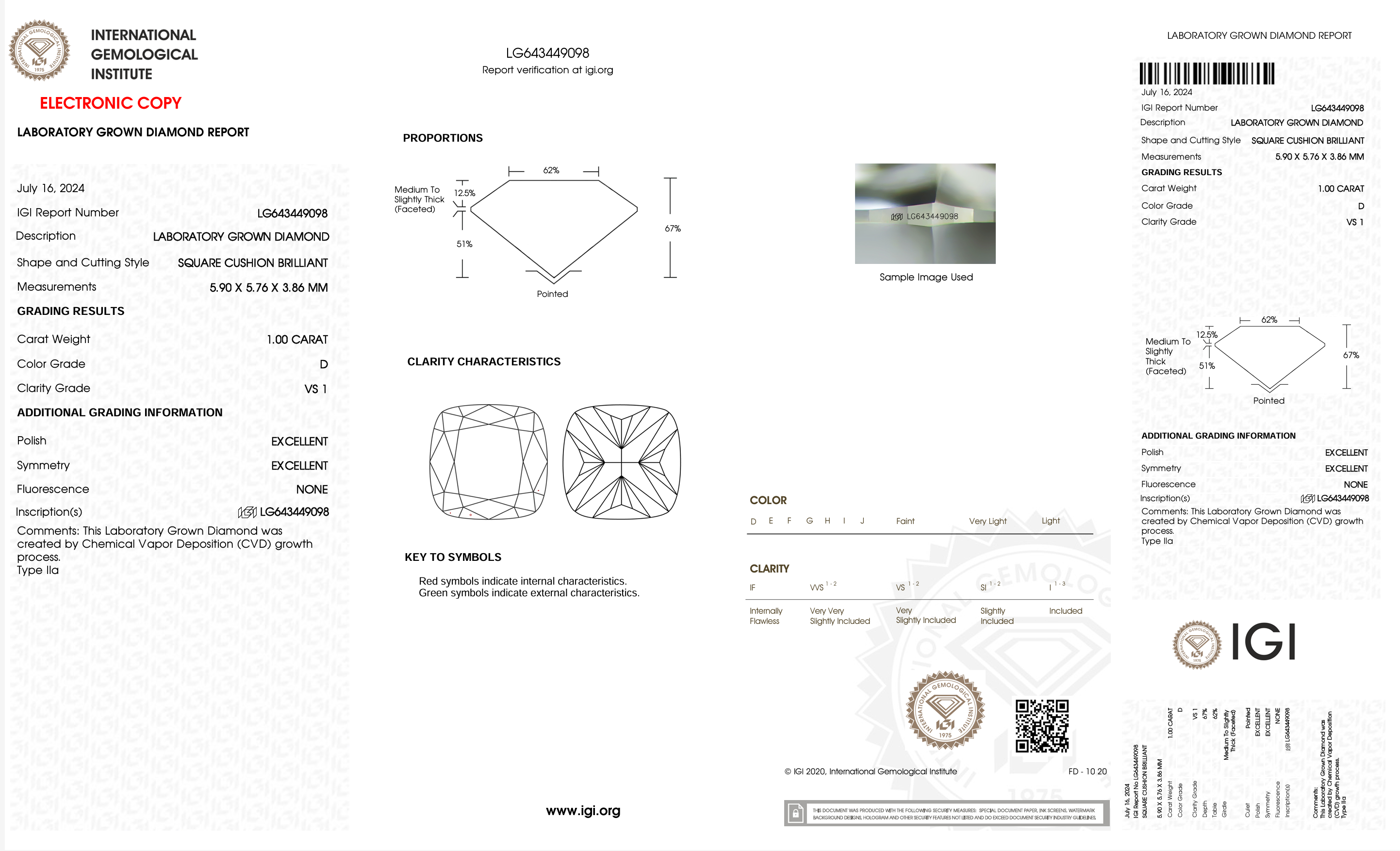 1.0 Carat Square Cushion Lab Grown Diamond (IGI Certified) - Perfect for Engagement Rings & Fine Jewelry