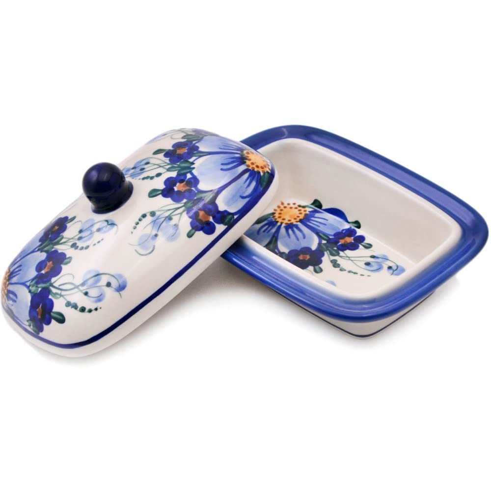 Authentic Polish Pottery 7.25-inch Butter Dish - Handmade Himalayan Blue Poppy Design, UNIKAT Certified with COA | Perfect for Kitchen Storage, Dining Table Decor & Gift Giving