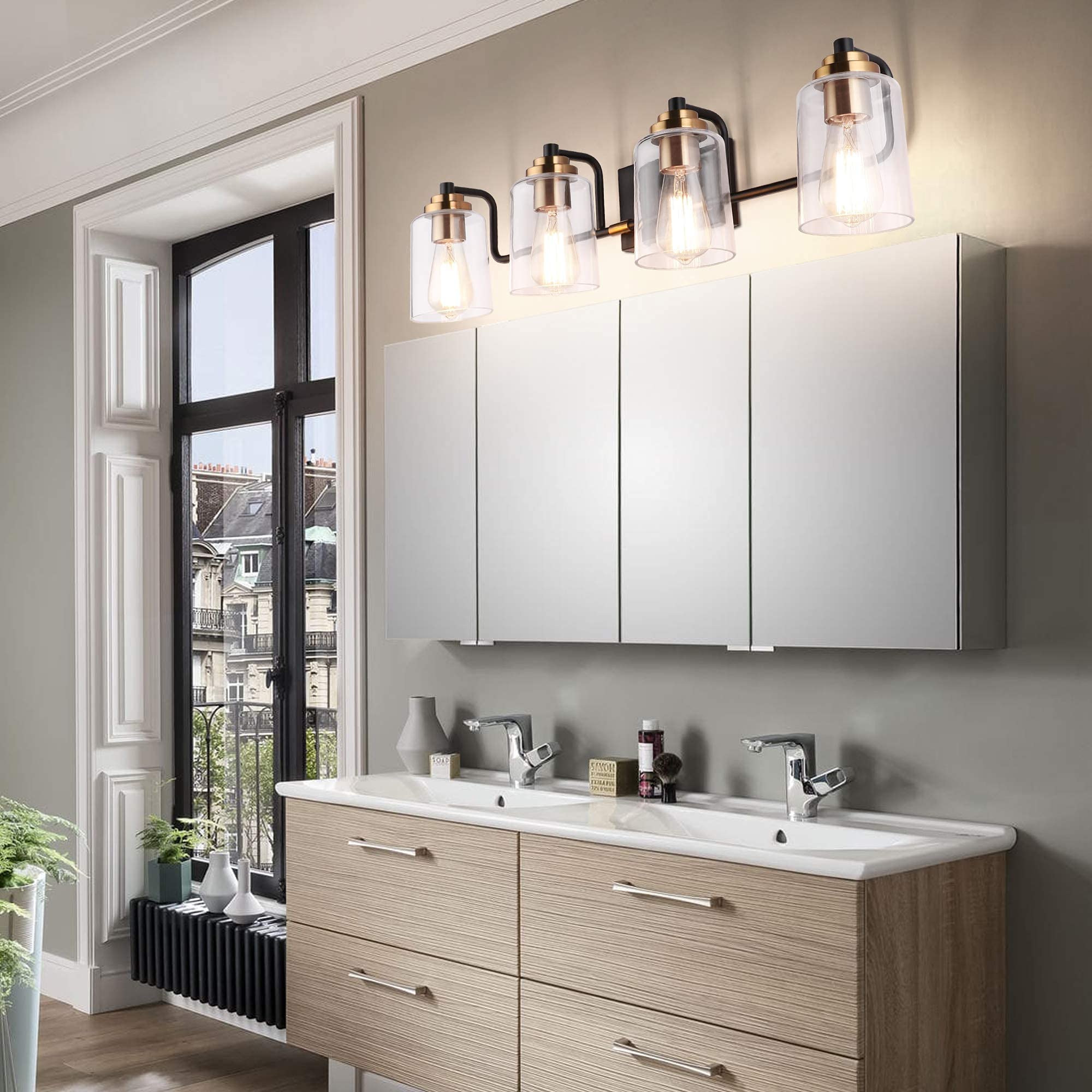 Vintage Bathroom Vanity Light Fixture Set - Black & Brass 7600-3 + 7600-4 Lights (Bulbs Not Included) | Perfect for Farmhouse, Industrial & Retro Style Bathroom Lighting