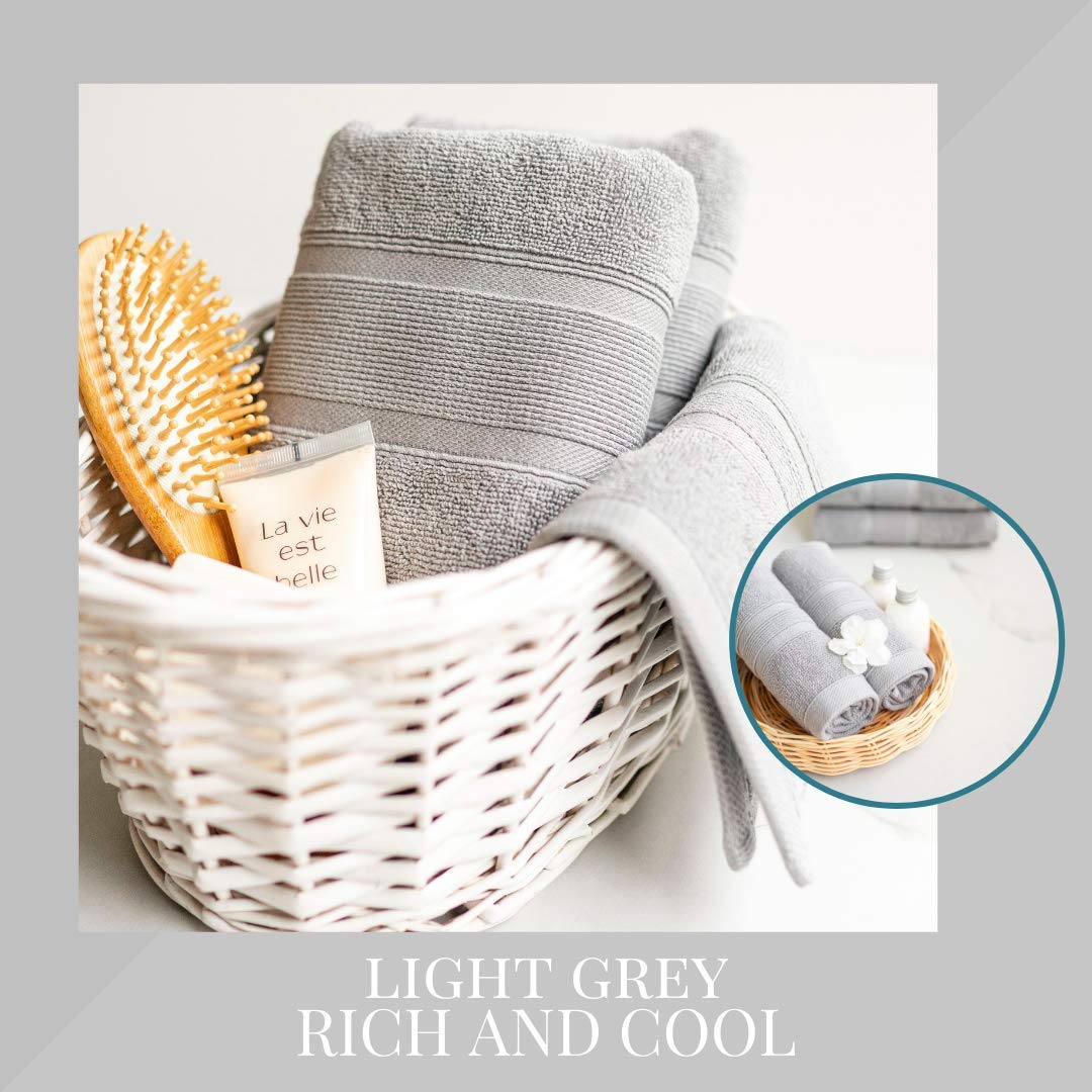 Premium 8-Piece Bathroom Towel Set - 100% Turkish Cotton, Ultra Soft & Absorbent - Includes 2 Bath Towels, 2 Hand Towels, 4 Washcloths (Light Grey) - Perfect for Spa, Guest Bathroom & Luxury Home Decor