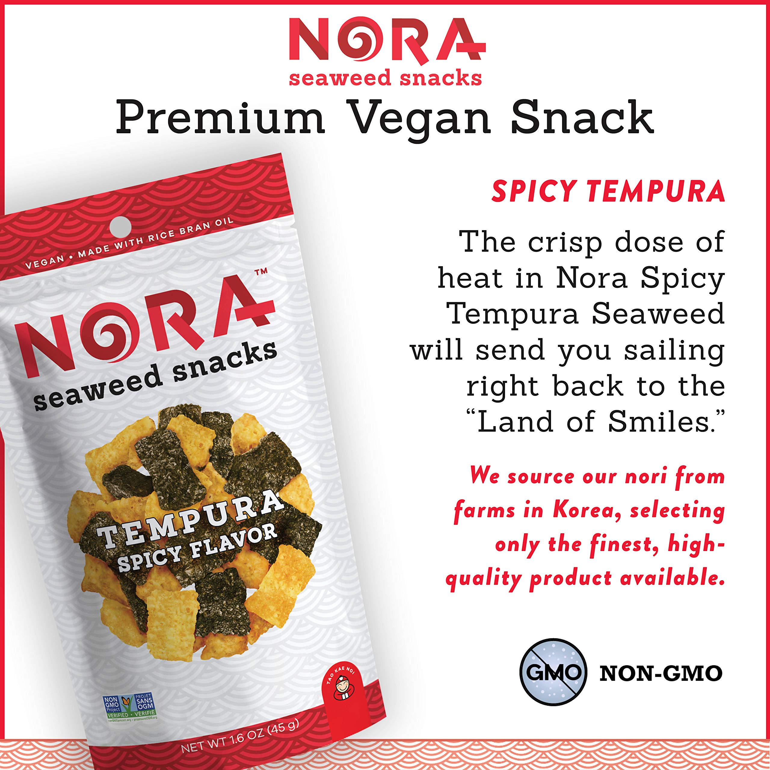 **Nora Spicy Tempura Seaweed Snacks - Thick Nori Sheets Snack Strips | Low-Carb, Vegan, Non-GMO Healthy Snacks for Adults | Asian-Inspired Crunchy Treats | Perfect for Office, Travel & Keto Diet | 6-Pack**