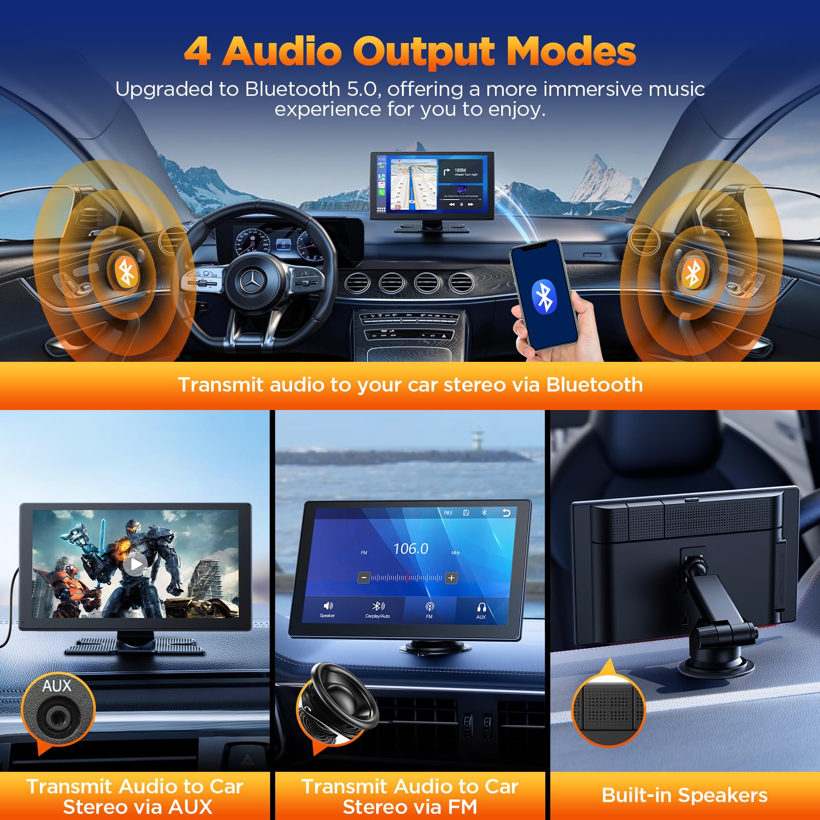 Volam 9 Inch Wireless CarPlay Android Auto Car Stereo with 4K Dash Cam, 1080P Rearview Camera, Bluetooth 5.0, GPS, Voice Assistant, Mirror Link, AUX, FM, 64GB TF Card – Perfect for Road Trips, Commuting & Hands-Free Driving