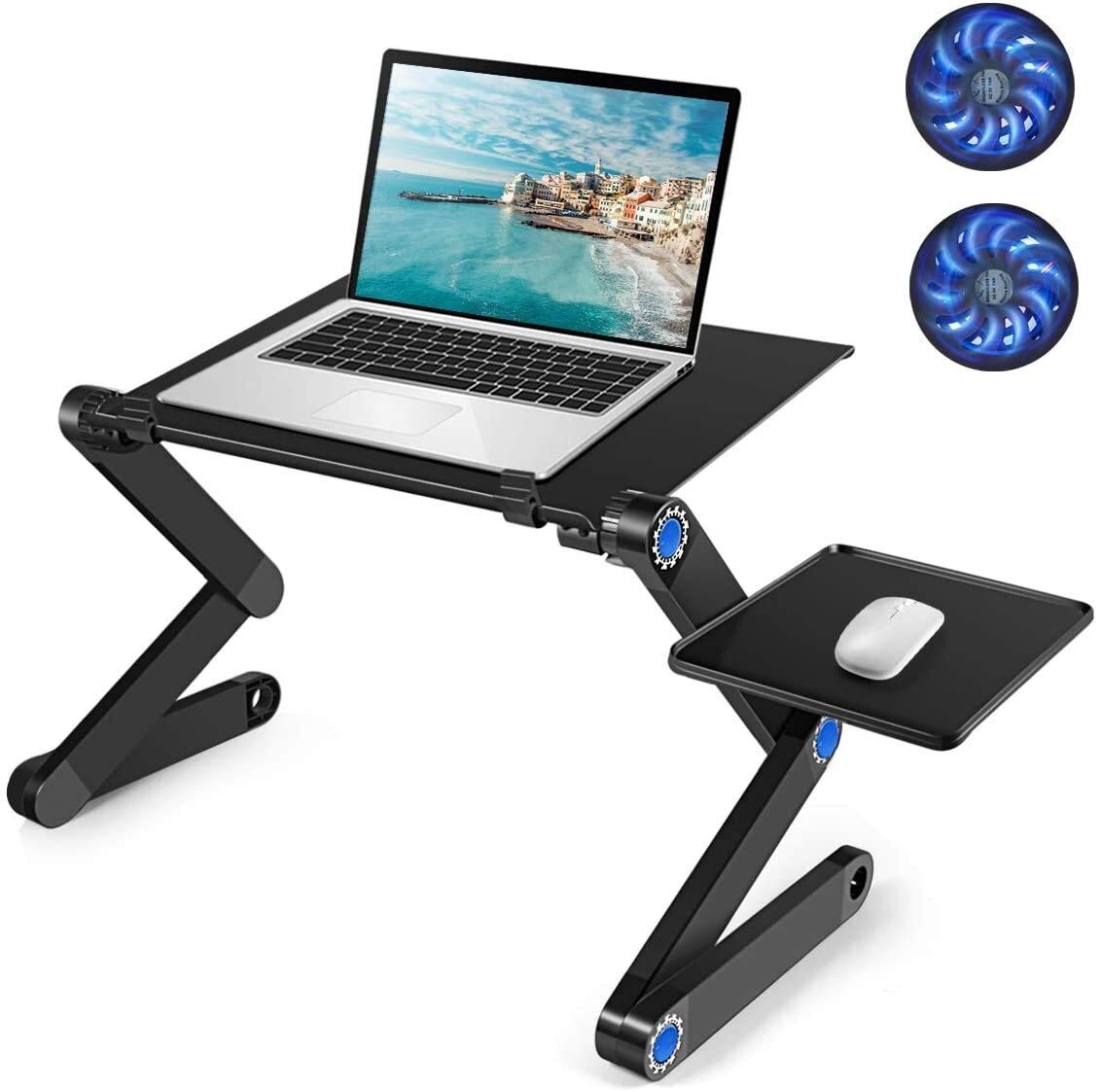 ESSNS Portable Laptop Stand with Cooling Fans - Adjustable Notebook Holder with Built-in 2 Cooling Fans & Mouse Pad for Bed, Couch, Office & Home Use - Ergonomic Computer Workstation for Comfortable Typing & Reading